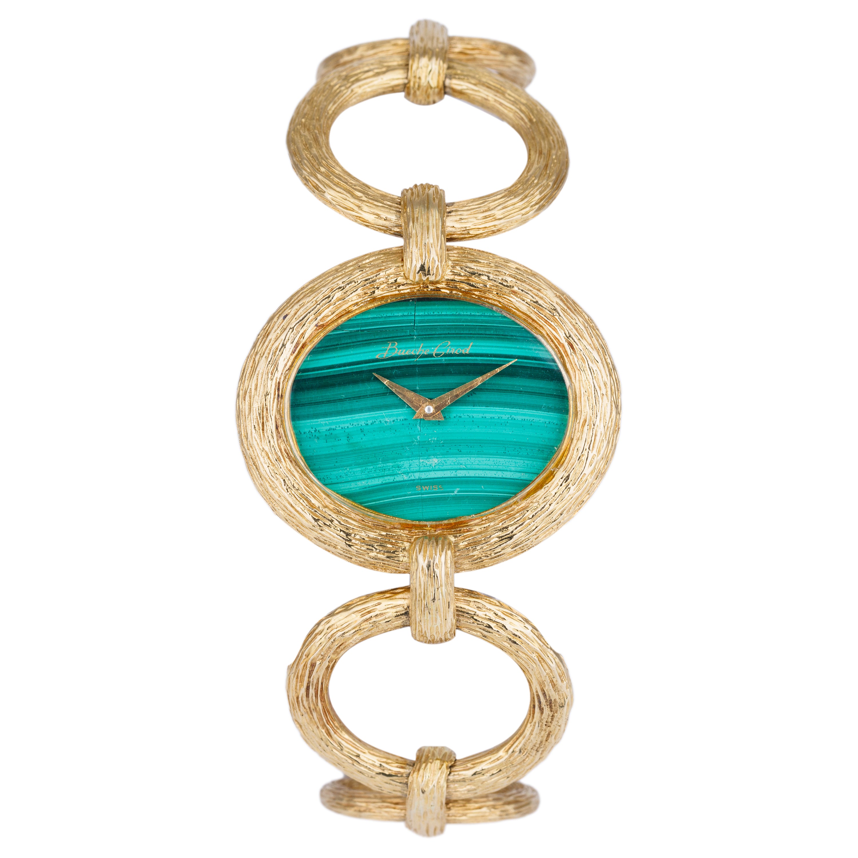 Bueche Girod 1970s Ladies Wristwatch | Malachite Dial | Bark Finish | 18k Yellow Gold | 36mm