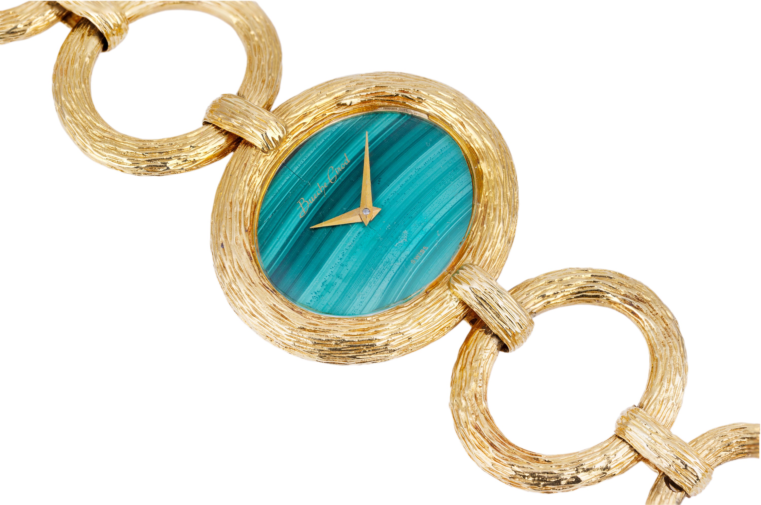 Bueche Girod 1970s Ladies Wristwatch | Malachite Dial | Bark Finish | 18k Yellow Gold | 36mm