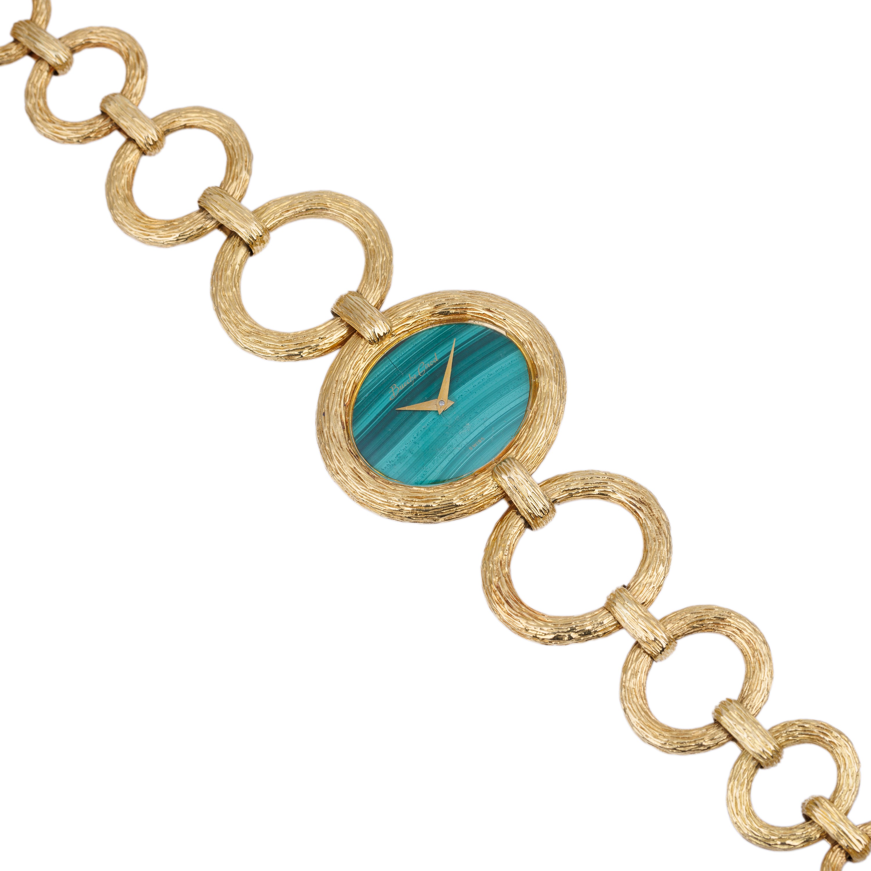 Bueche Girod 1970s Ladies Wristwatch | Malachite Dial | Bark Finish | 18k Yellow Gold | 36mm