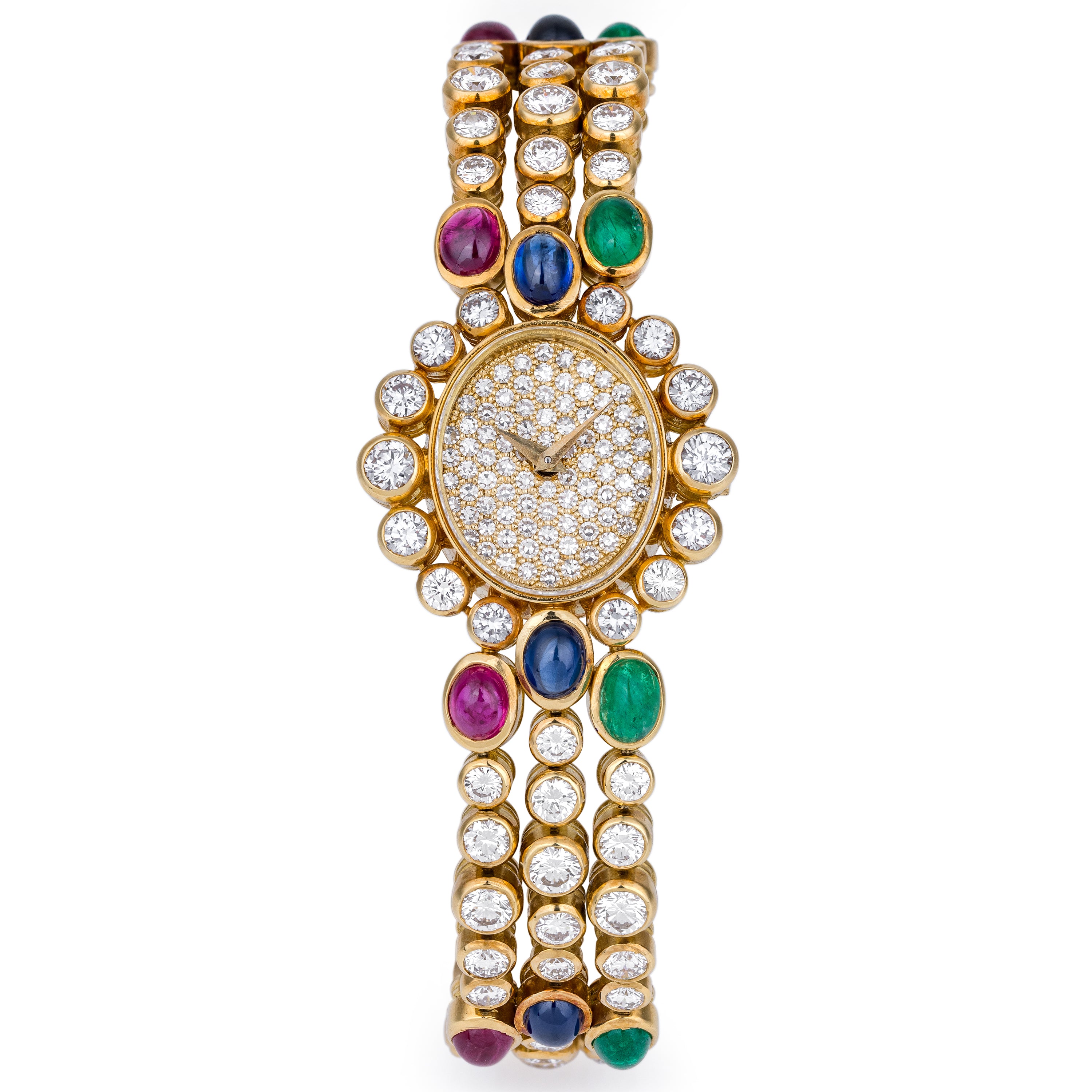 DeLaneau 1990's Ladies Wristwatch | Pavé Diamonds & Multi Gemstones | Ruby, Emerald & Sapphire Cabochons | 18k Yellow Gold