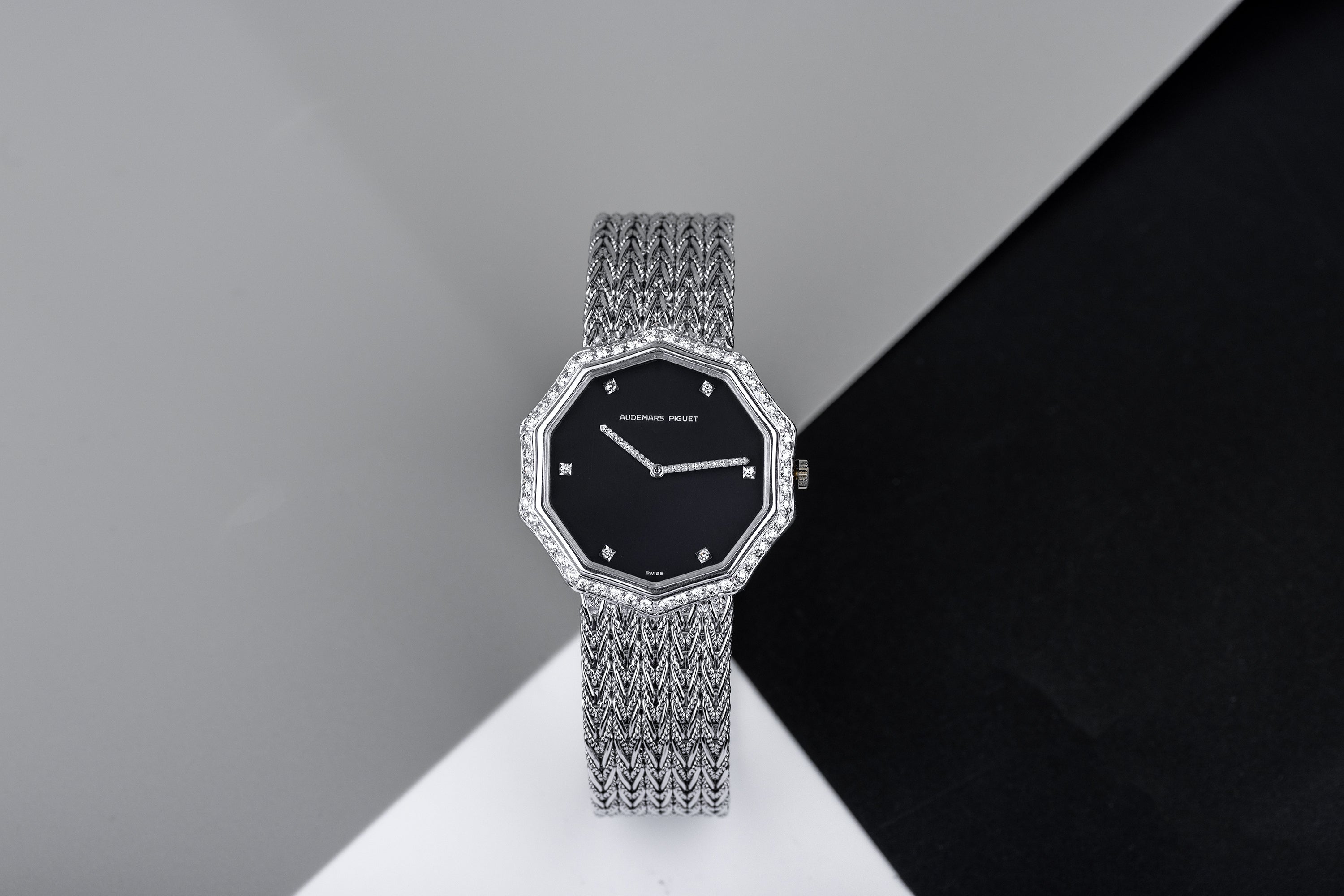 NOS: Audemars Piguet 1970s Gents Wristwatch | Decagon Case | 18k White Gold | Black Dial | Diamond Hours & Bezel | Rare Gold Movement