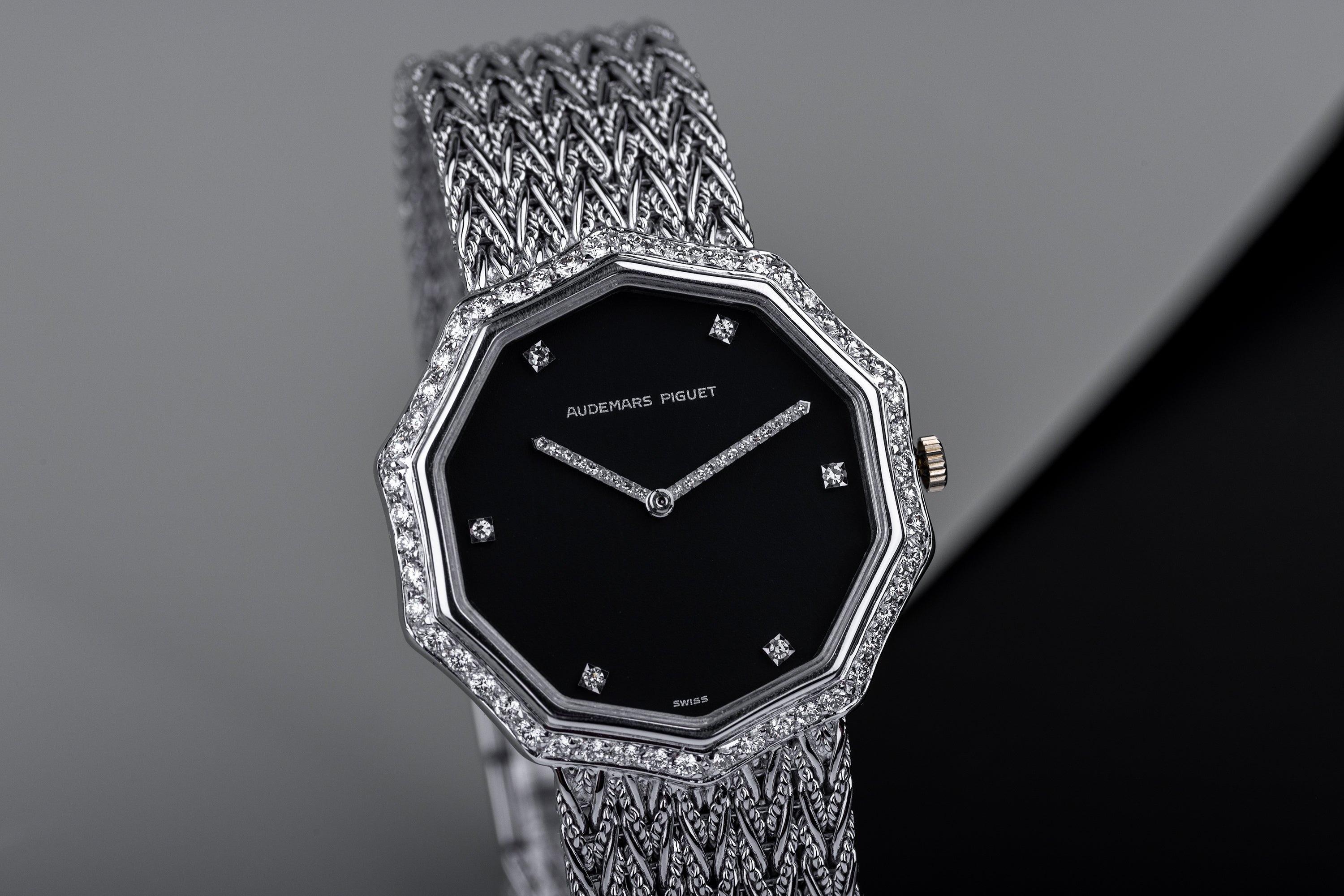 NOS: Audemars Piguet 1970s Gents Wristwatch | Decagon Case | 18k White Gold | Black Dial | Diamond Hours & Bezel | Rare Gold Movement