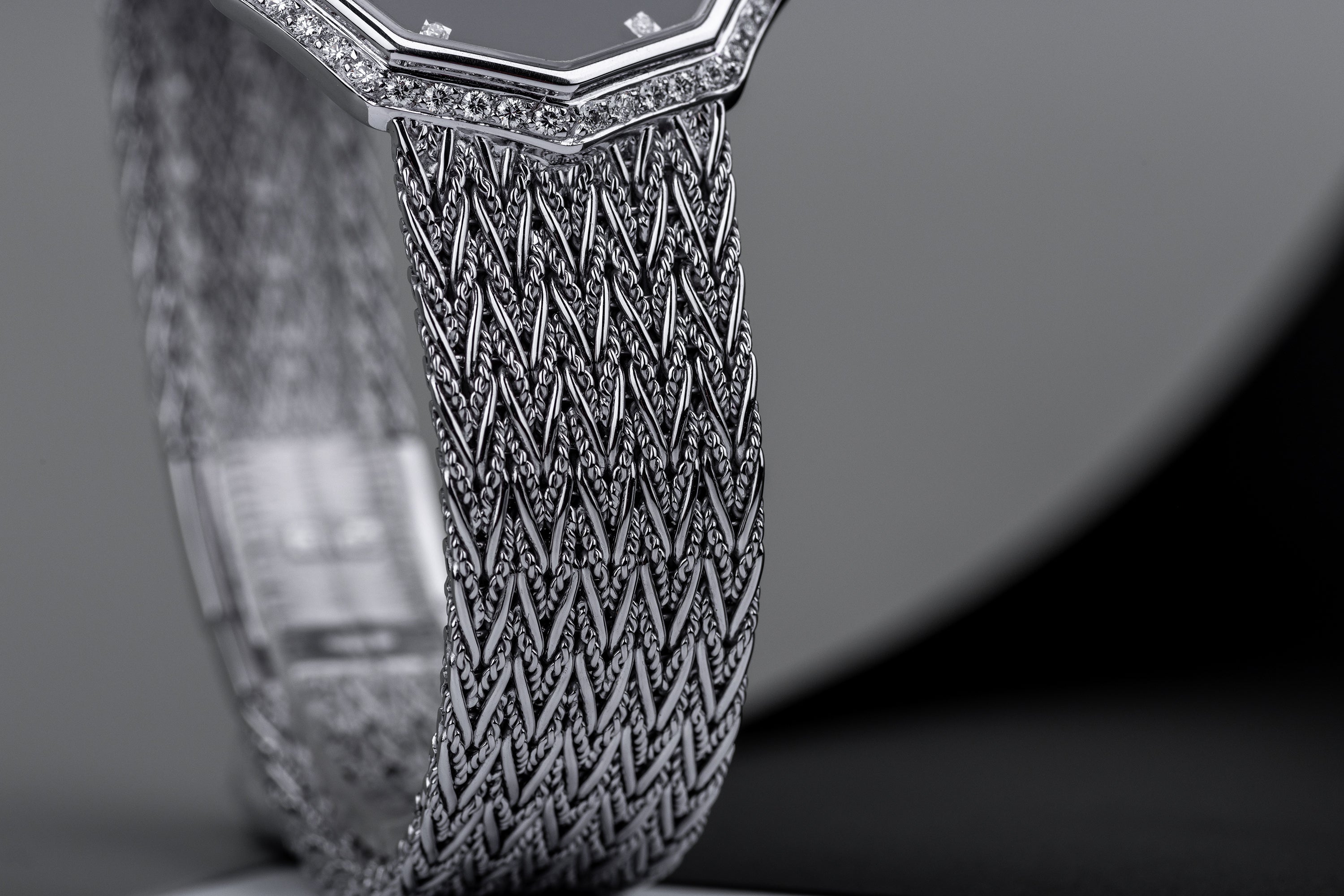 NOS: Audemars Piguet 1970s Gents Wristwatch | Decagon Case | 18k White Gold | Black Dial | Diamond Hours & Bezel | Rare Gold Movement