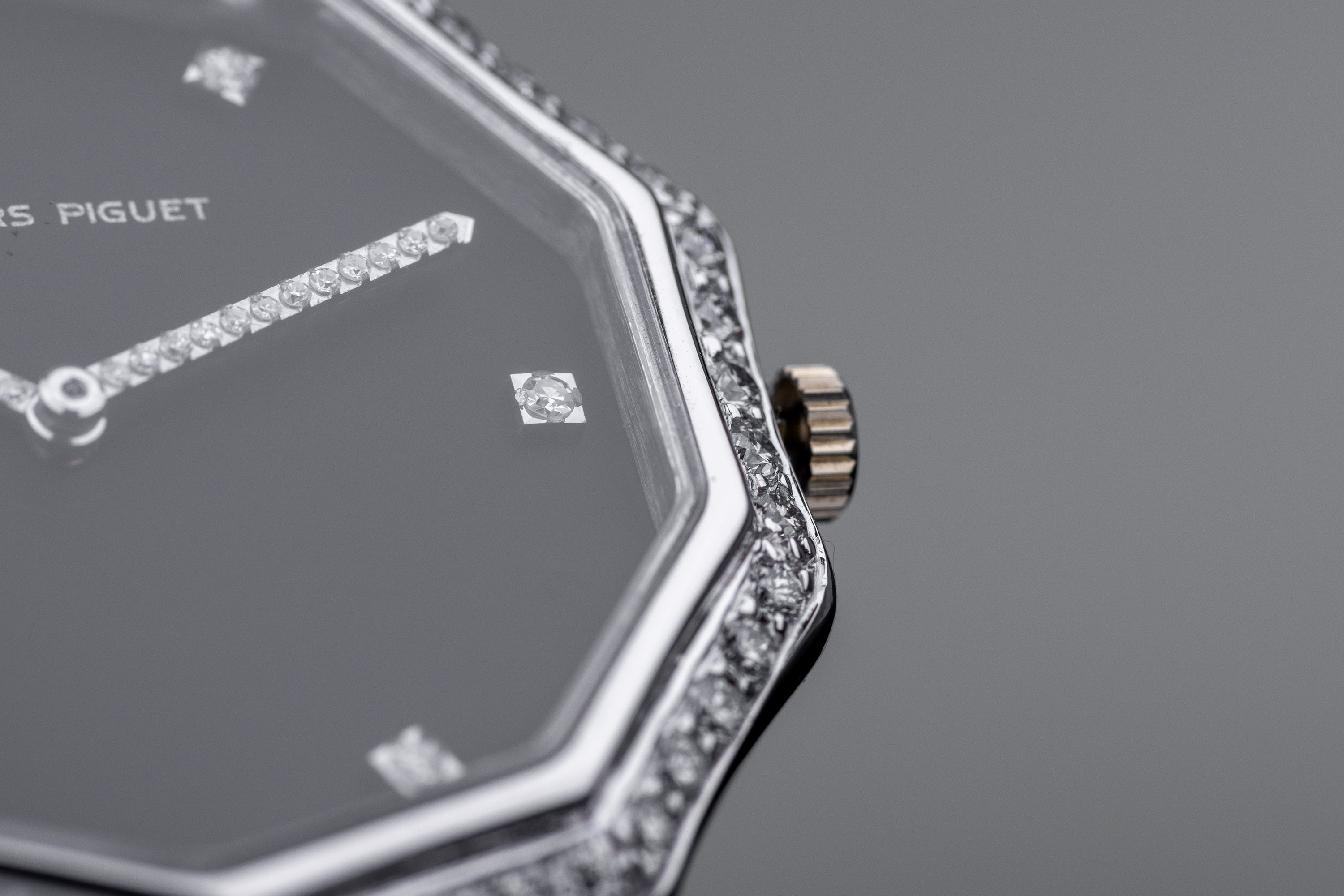 NOS: Audemars Piguet 1970s Gents Wristwatch | Decagon Case | 18k White Gold | Black Dial | Diamond Hours & Bezel | Rare Gold Movement