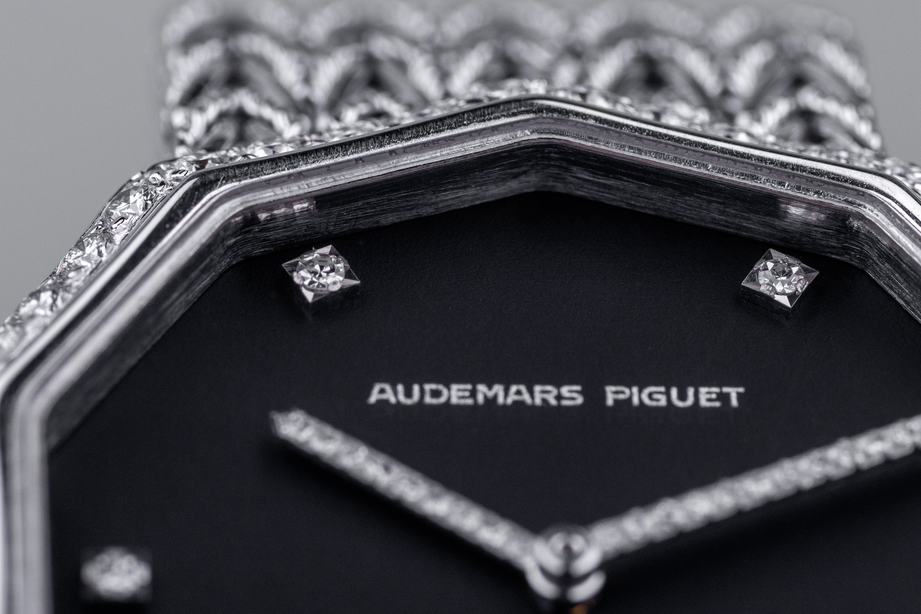 NOS: Audemars Piguet 1970s Gents Wristwatch | Decagon Case | 18k White Gold | Black Dial | Diamond Hours & Bezel | Rare Gold Movement