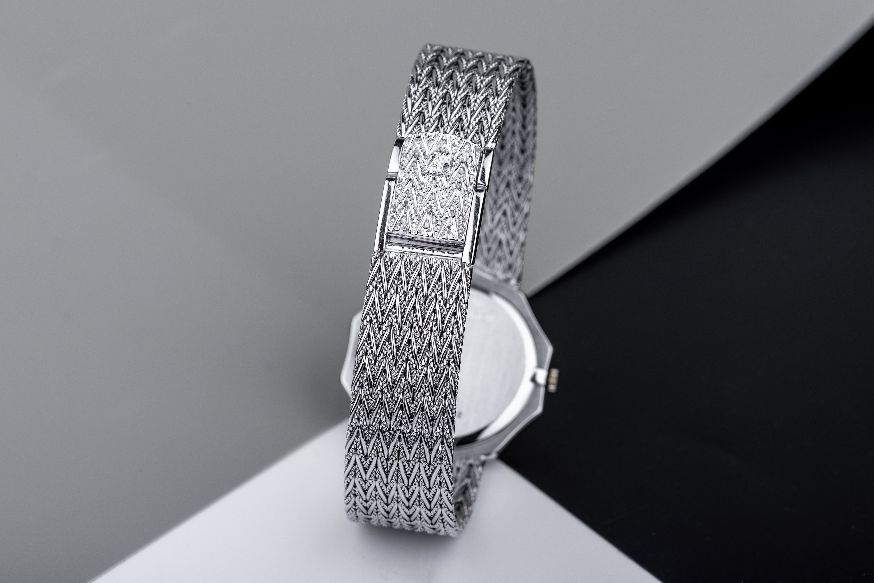 NOS: Audemars Piguet 1970s Gents Wristwatch | Decagon Case | 18k White Gold | Black Dial | Diamond Hours & Bezel | Rare Gold Movement