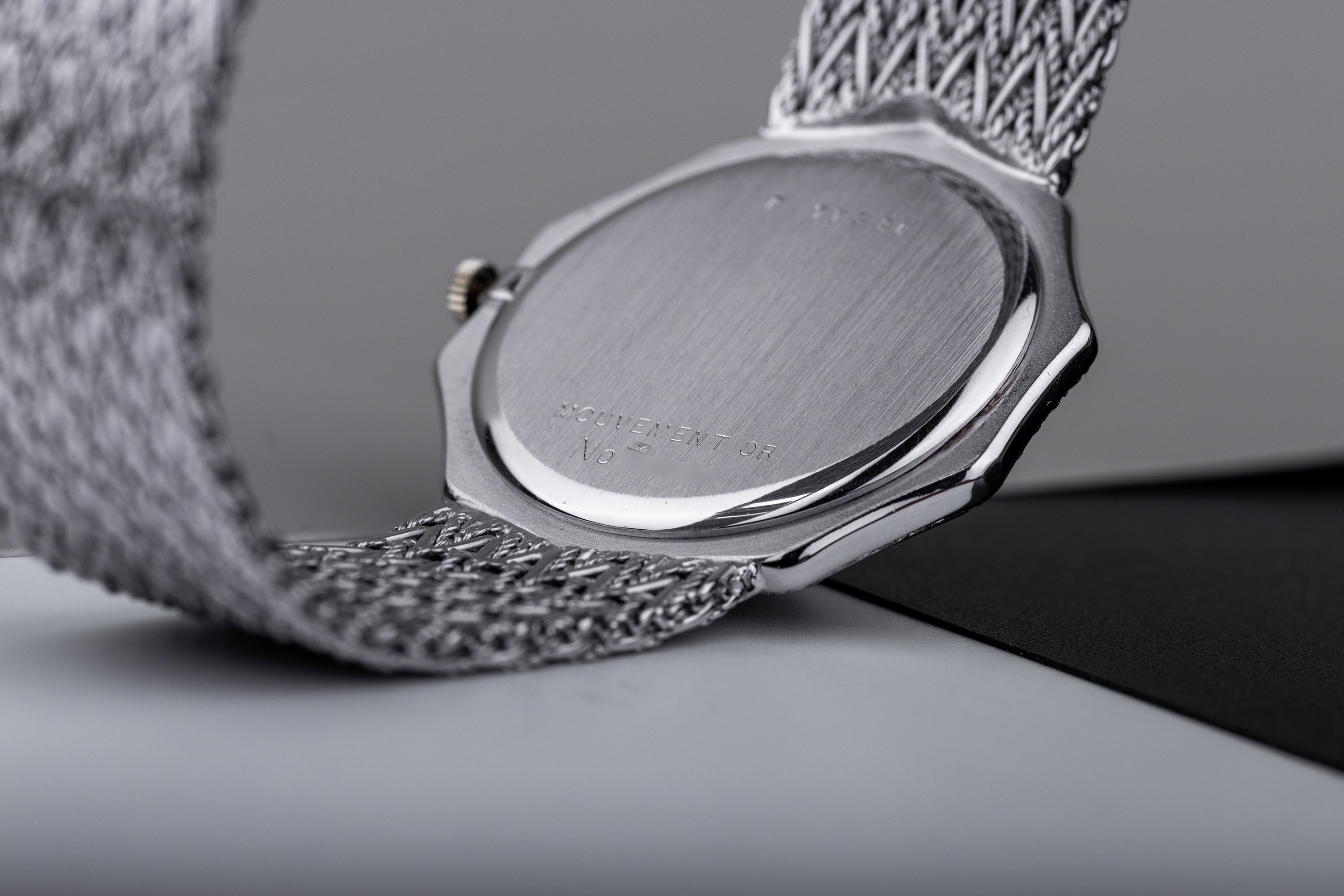 NOS: Audemars Piguet 1970s Gents Wristwatch | Decagon Case | 18k White Gold | Black Dial | Diamond Hours & Bezel | Rare Gold Movement