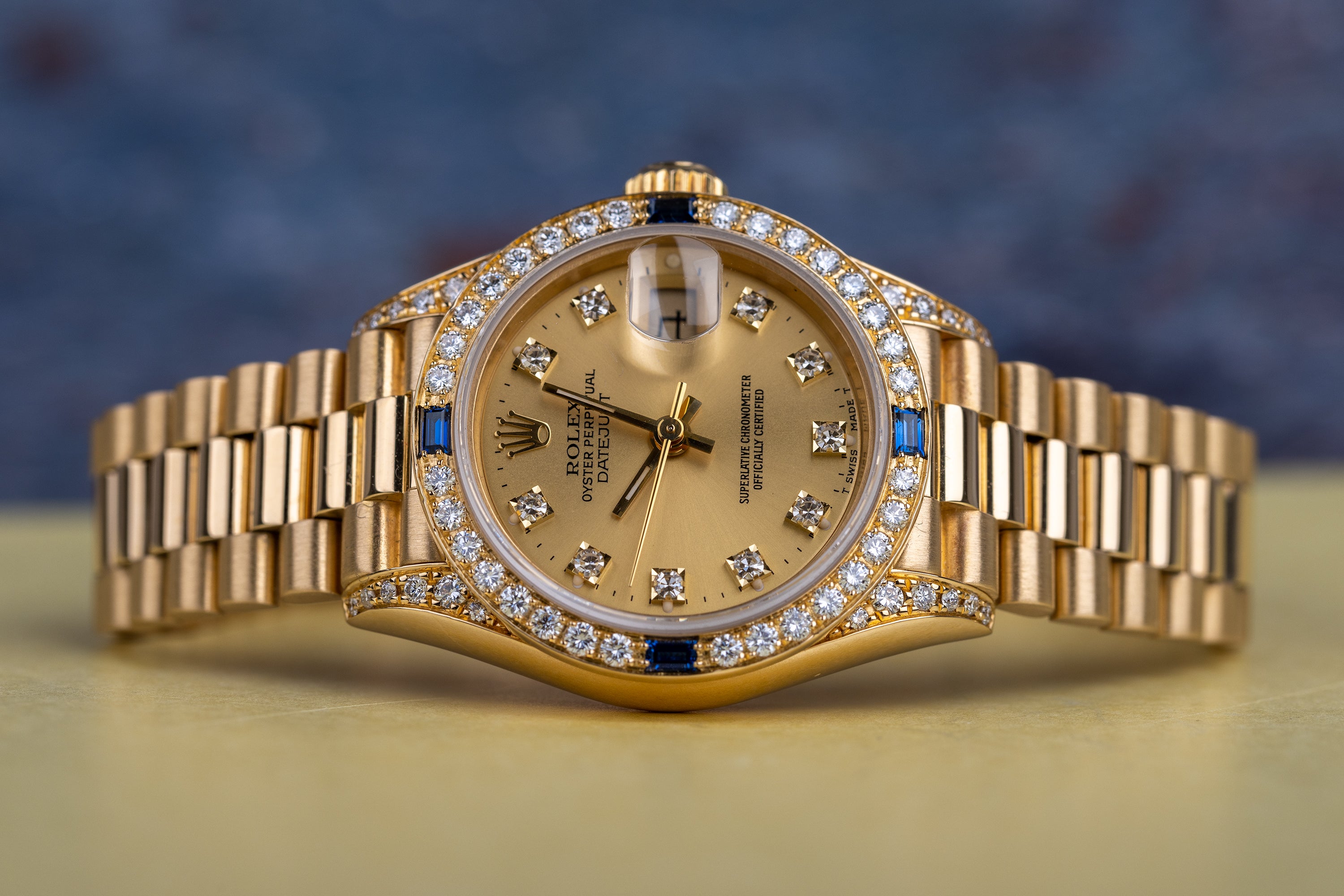 Rolex Lady DateJust | REF. 69158 | Champagne Diamond Dial | Sapphire Diamond Bezel & Shoulders | 18K Yellow Gold