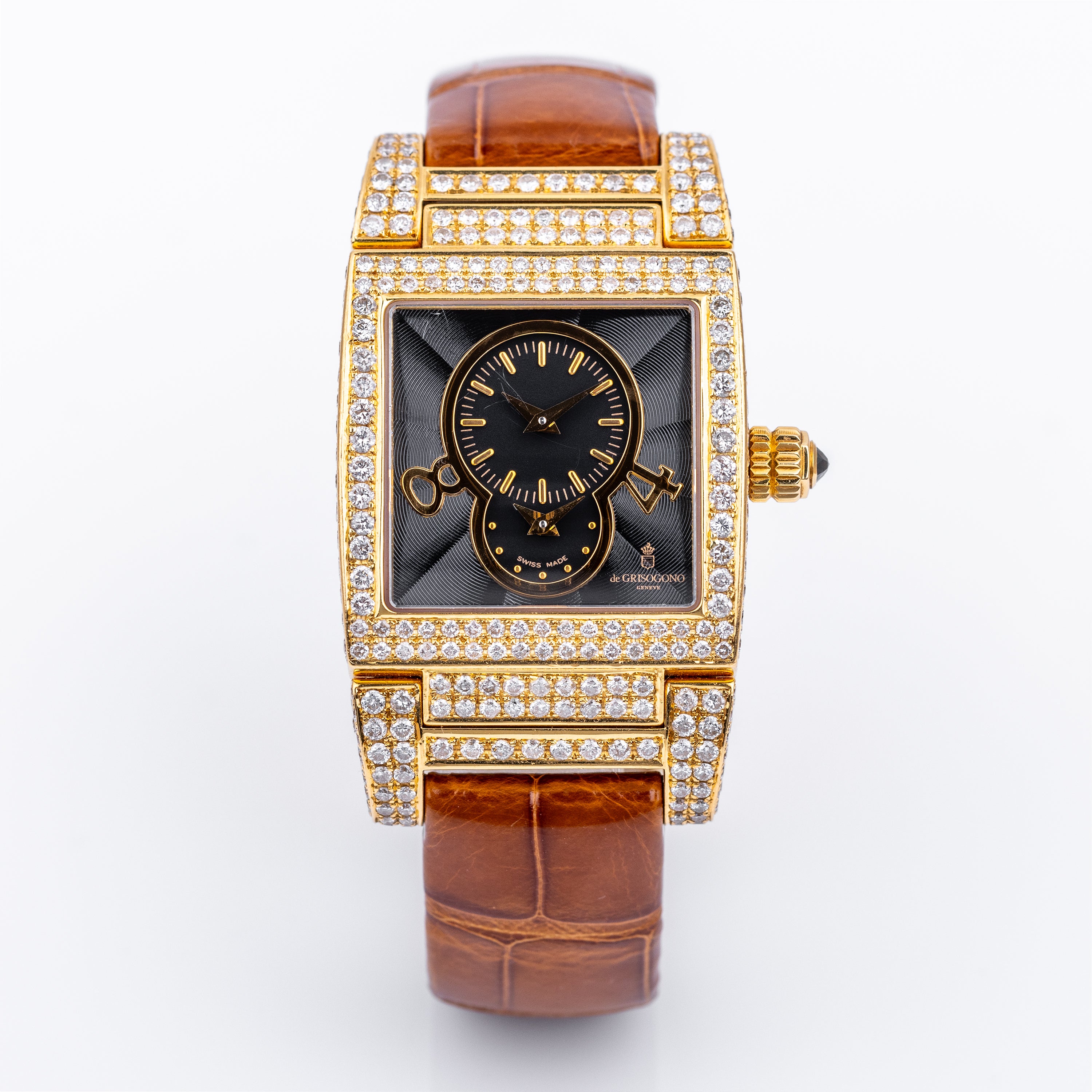 De Grisogono Instrumentino | 18k Yellow Gold | Black Dial | Pave Diamond Case, Shoulders & Bezel| Dual Time Display