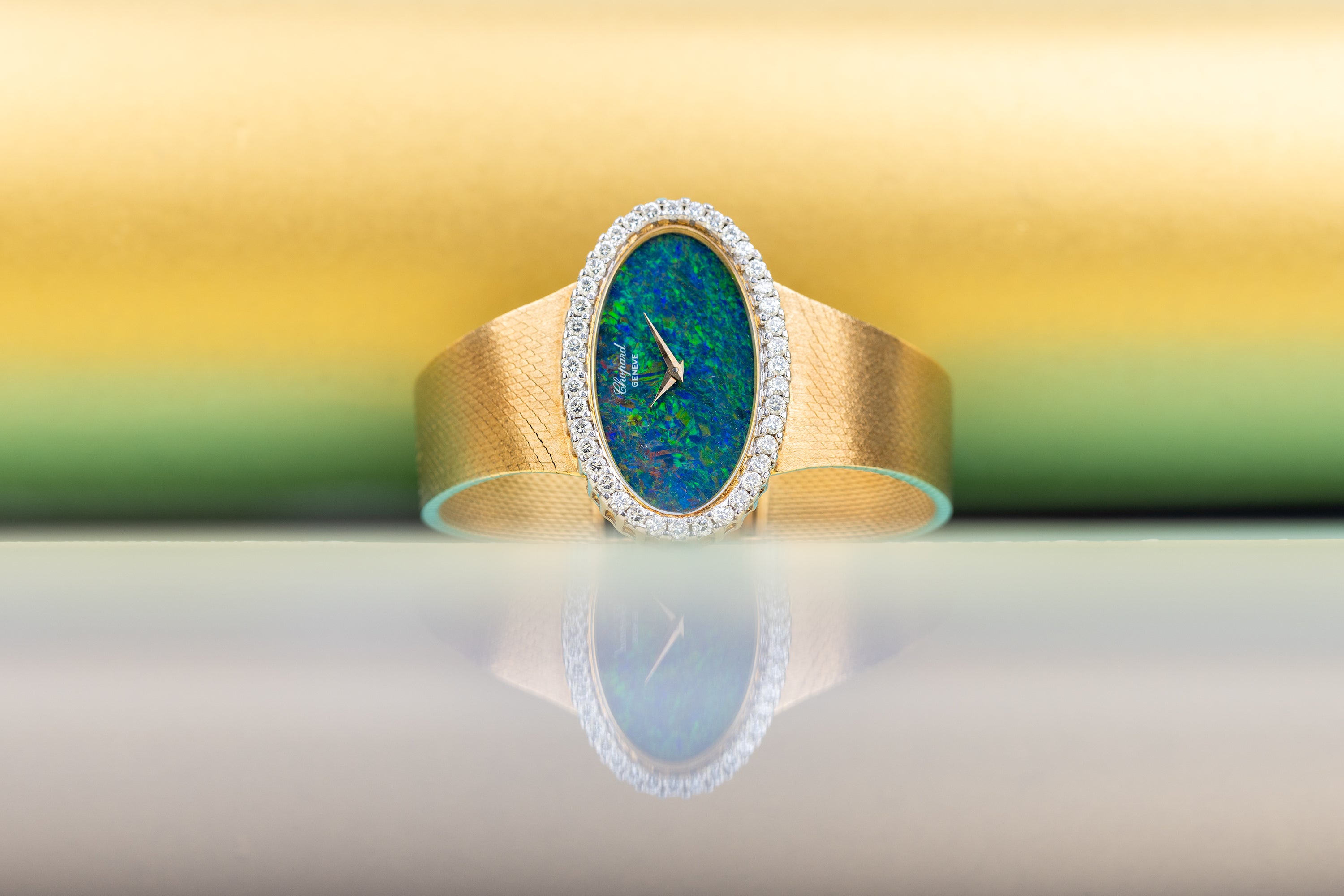 Chopard | REF. 5053 1 | Rare Opal Dial & Large Diamond Bezel | Oblong Case | 18k Yellow Gold | 1970s
