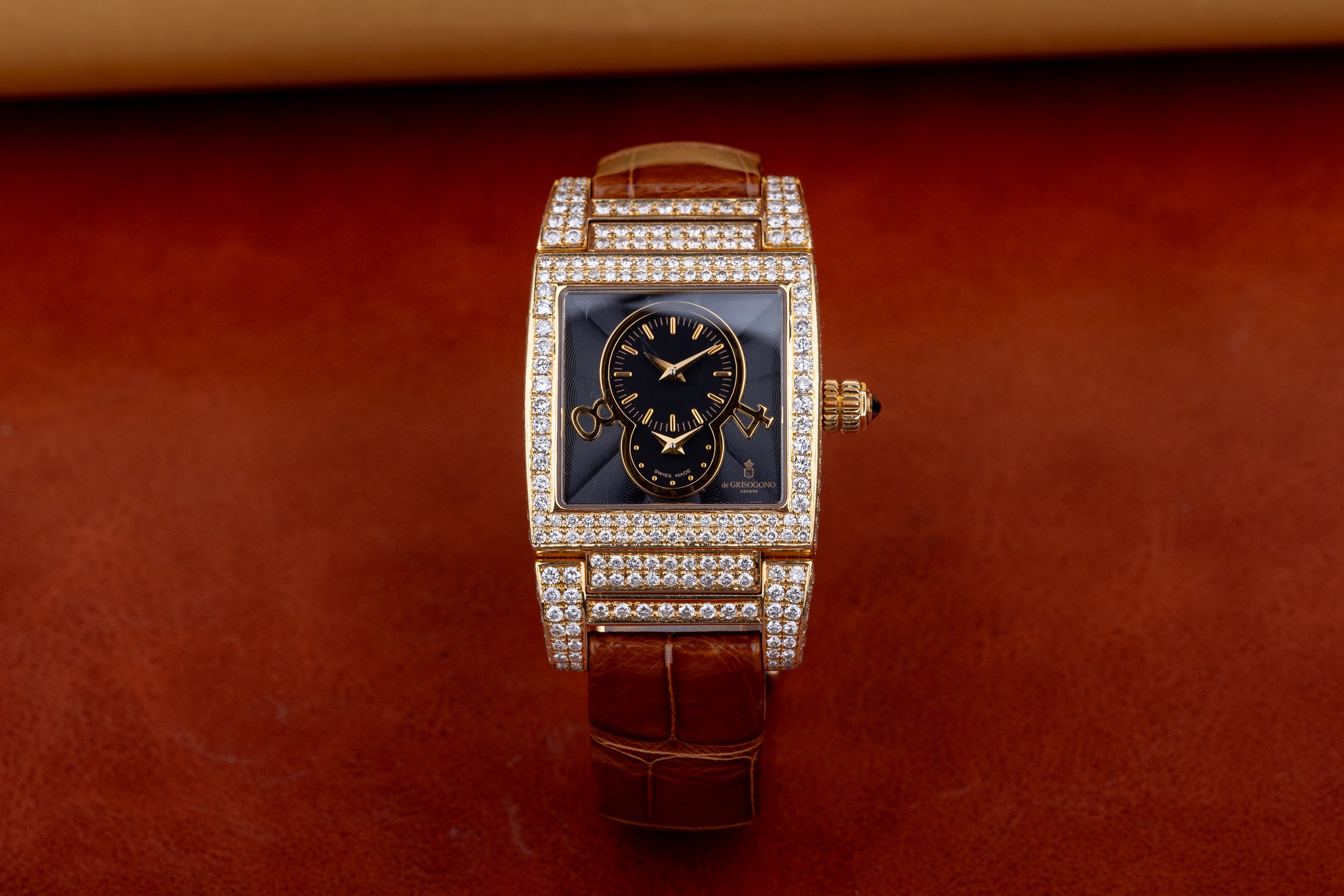 De Grisogono Instrumentino | 18k Yellow Gold | Black Dial | Pave Diamond Case, Shoulders & Bezel| Dual Time Display
