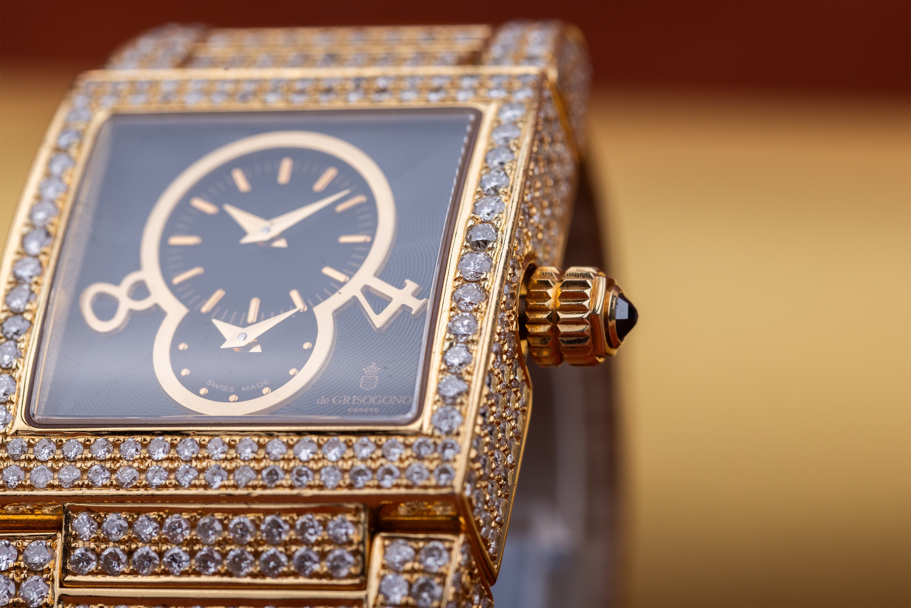 De Grisogono Instrumentino | 18k Yellow Gold | Black Dial | Pave Diamond Case, Shoulders & Bezel| Dual Time Display