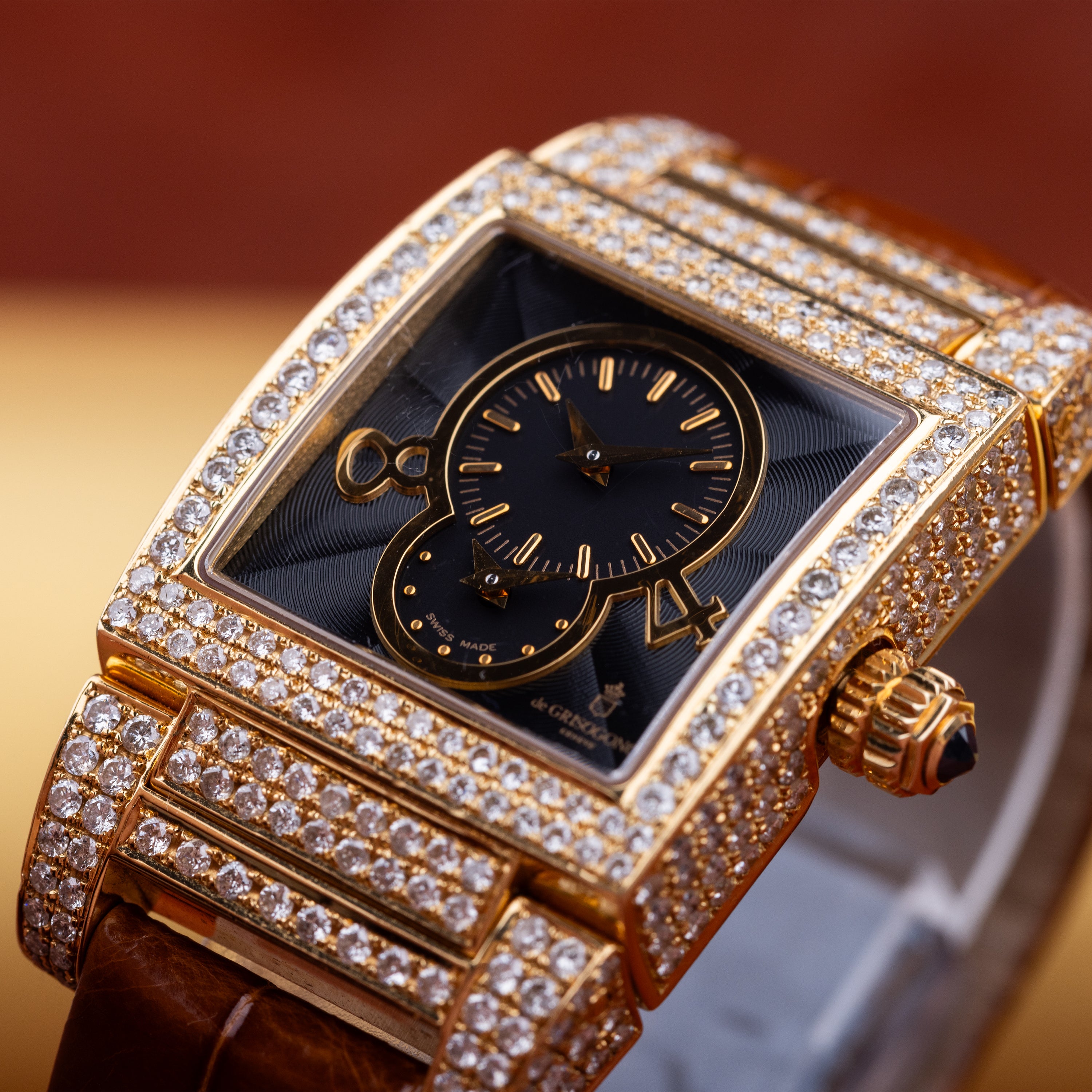 De Grisogono Instrumentino | 18k Yellow Gold | Black Dial | Pave Diamond Case, Shoulders & Bezel| Dual Time Display
