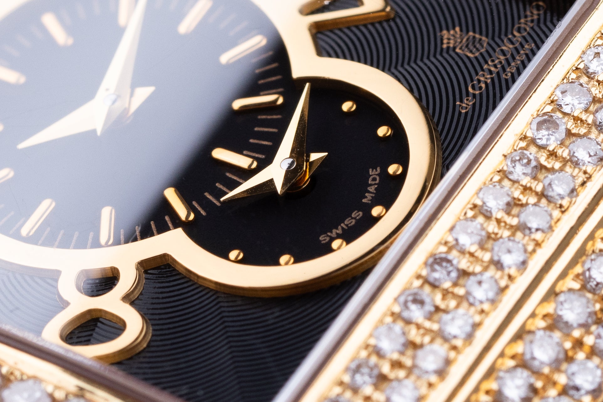 De Grisogono Instrumentino | 18k Yellow Gold | Black Dial | Pave Diamond Case, Shoulders & Bezel| Dual Time Display