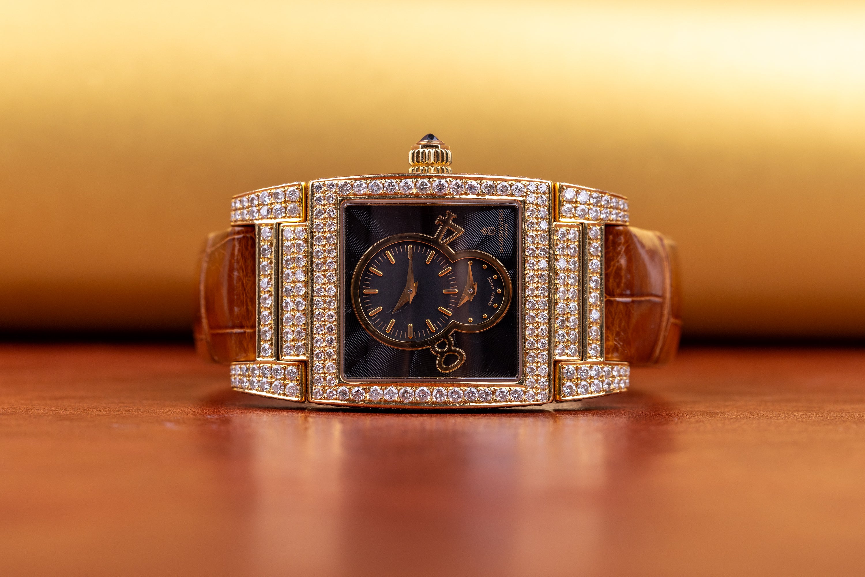 De Grisogono Instrumentino | 18k Yellow Gold | Black Dial | Pave Diamond Case, Shoulders & Bezel| Dual Time Display