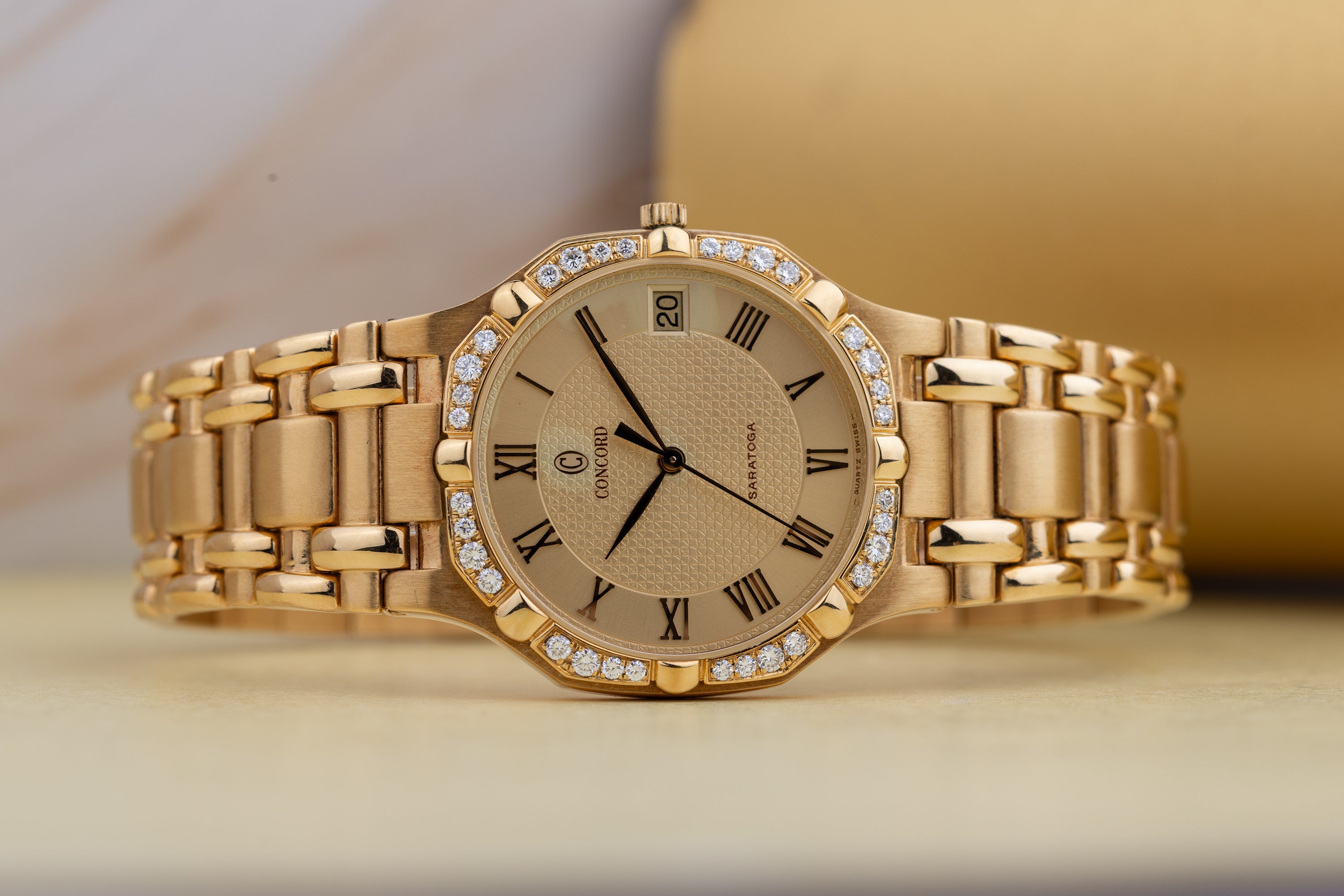 Concord Saratoga with Omani Khanjar Caseback | REF. 51 58 237/1 | Gold Dial & Diamond Bezel | 18k Yellow Gold | 1980s | Quartz | 31.5mm