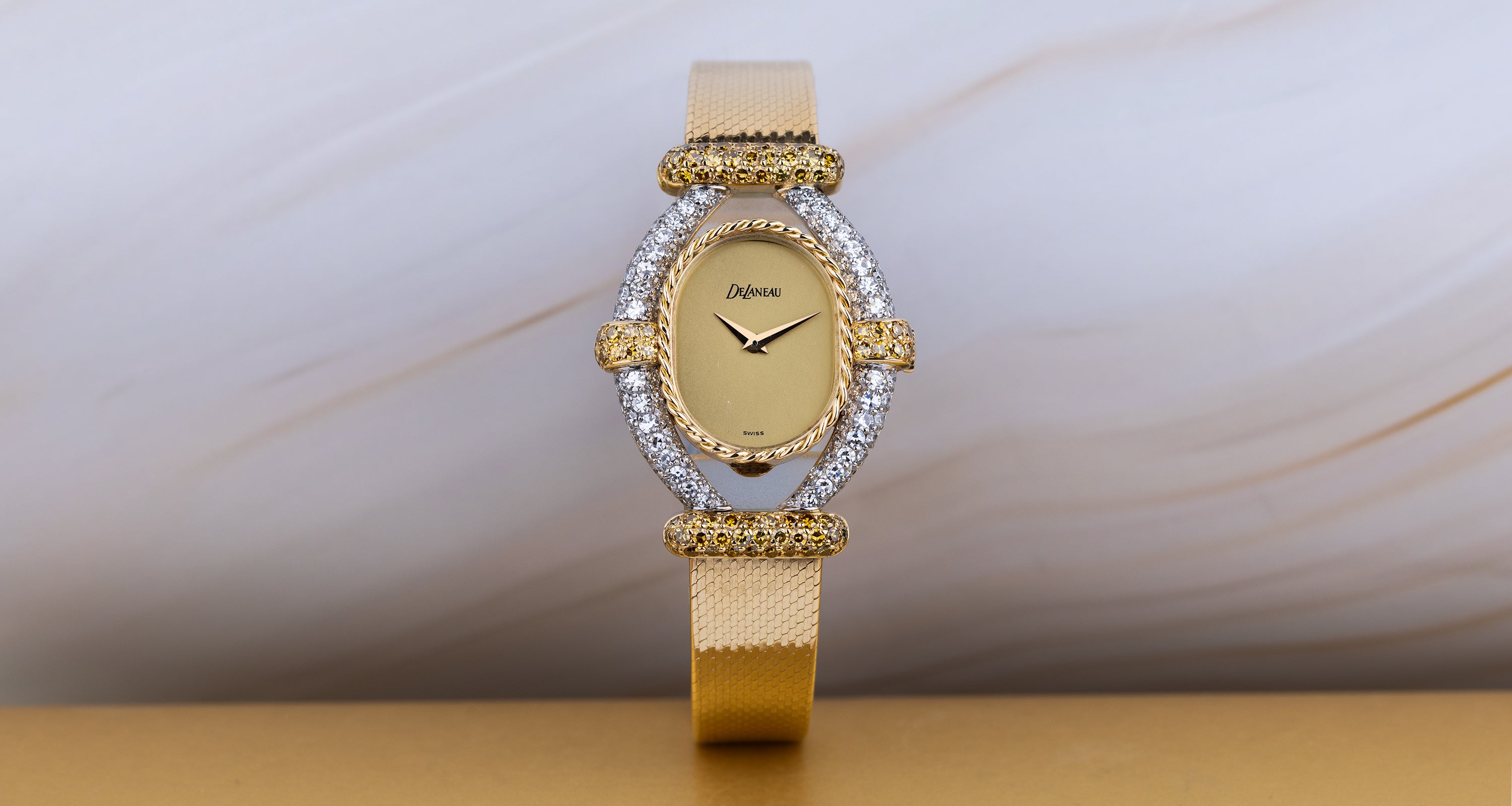 DeLaneau White & Yellow Diamond Wristwatch | Kutchinsky Caseback | Gold Dial | 18k Yellow & White Gold | 1970's