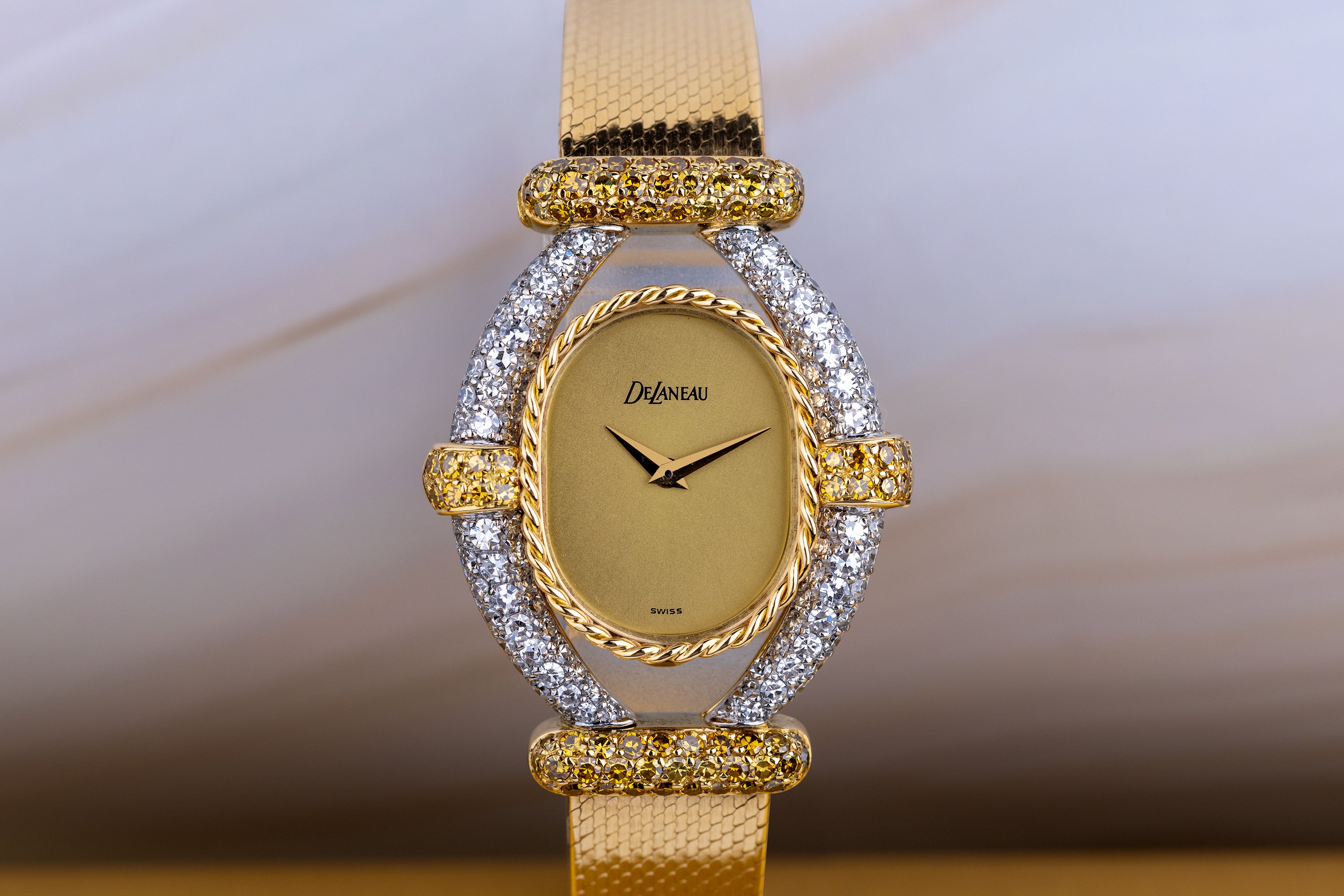 DeLaneau White & Yellow Diamond Wristwatch | Kutchinsky Caseback | Gold Dial | 18k Yellow & White Gold | 1970's