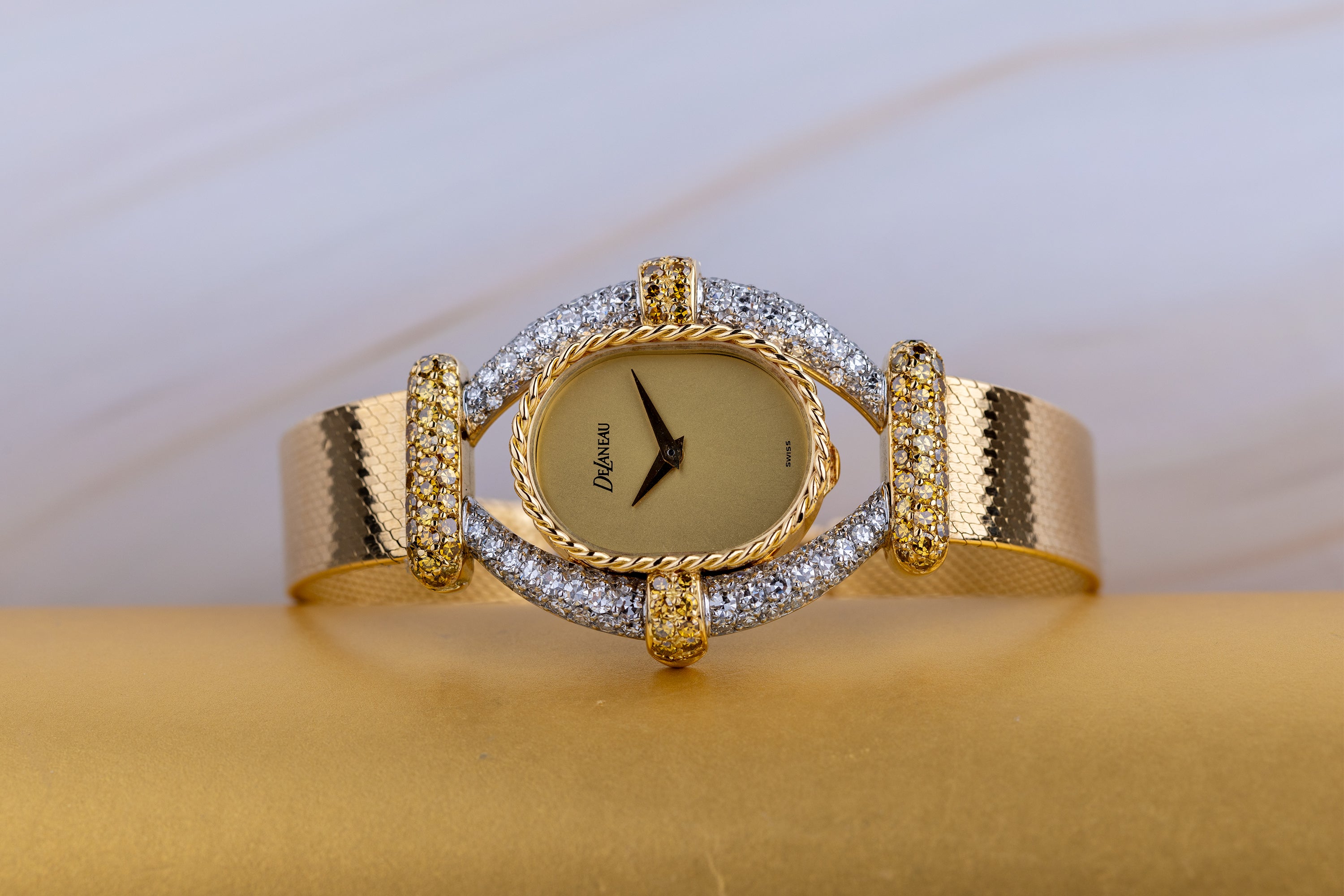 DeLaneau White & Yellow Diamond Wristwatch | Kutchinsky Caseback | Gold Dial | 18k Yellow & White Gold | 1970's
