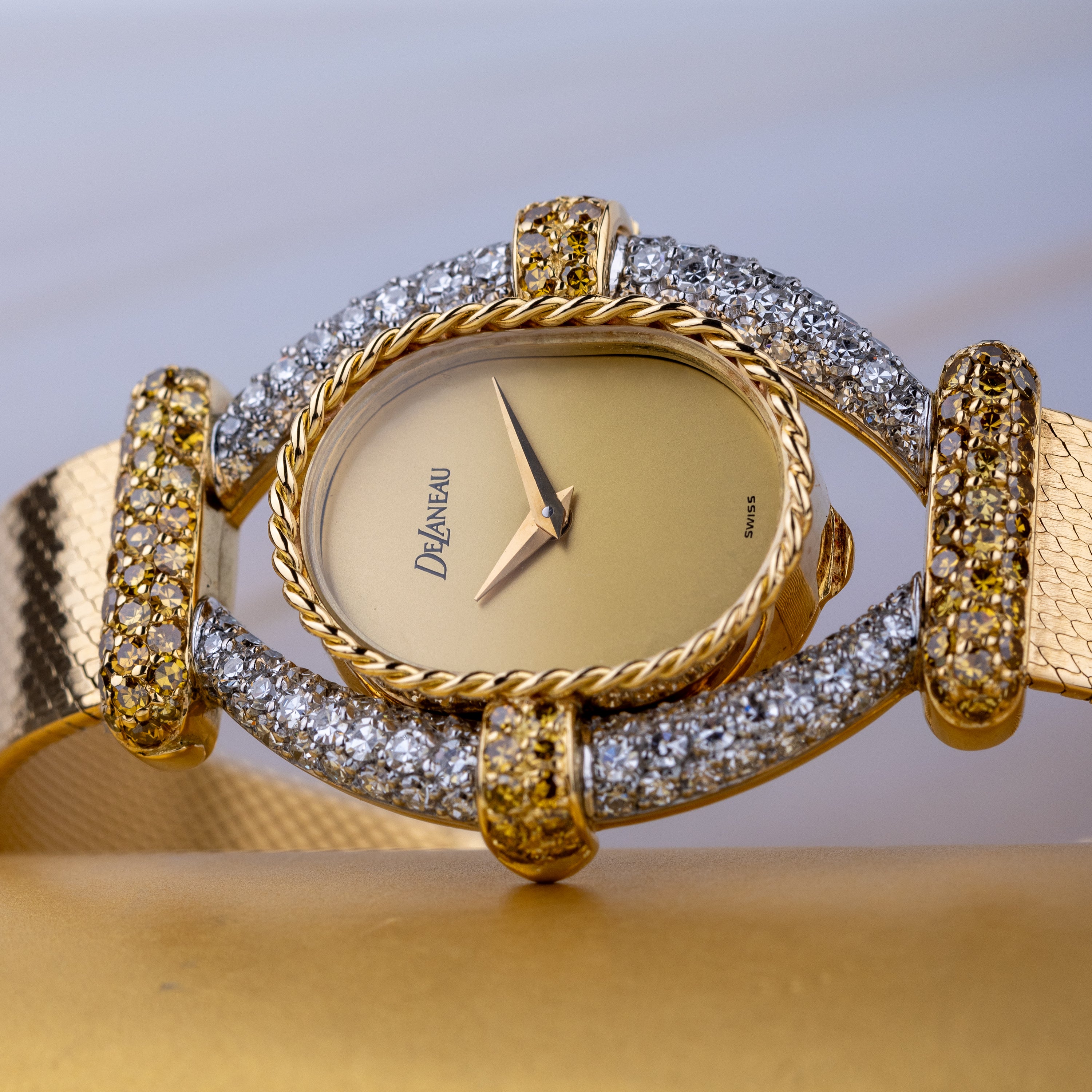 DeLaneau White & Yellow Diamond Wristwatch | Kutchinsky Caseback | Gold Dial | 18k Yellow & White Gold | 1970's