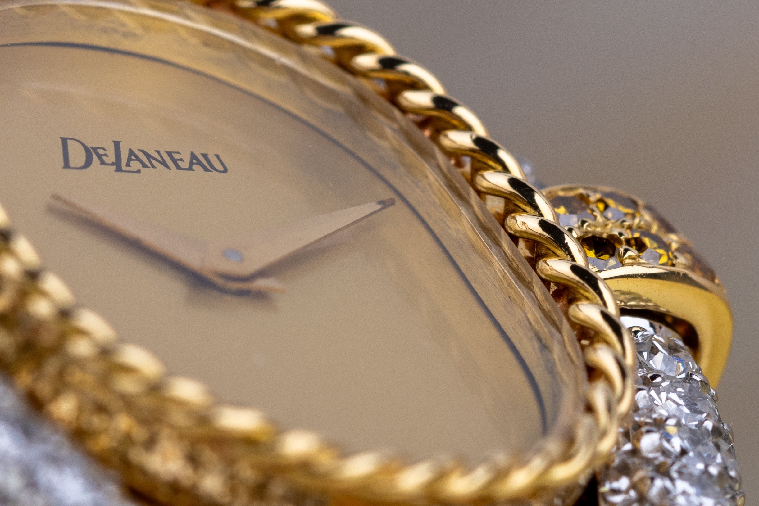 DeLaneau White & Yellow Diamond Wristwatch | Kutchinsky Caseback | Gold Dial | 18k Yellow & White Gold | 1970's