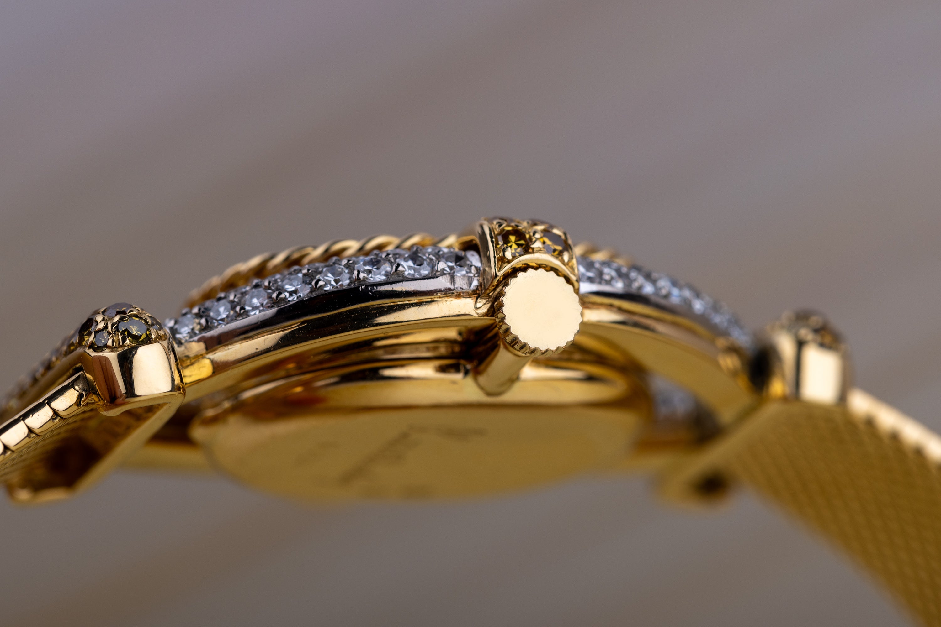 DeLaneau White & Yellow Diamond Wristwatch | Kutchinsky Caseback | Gold Dial | 18k Yellow & White Gold | 1970's