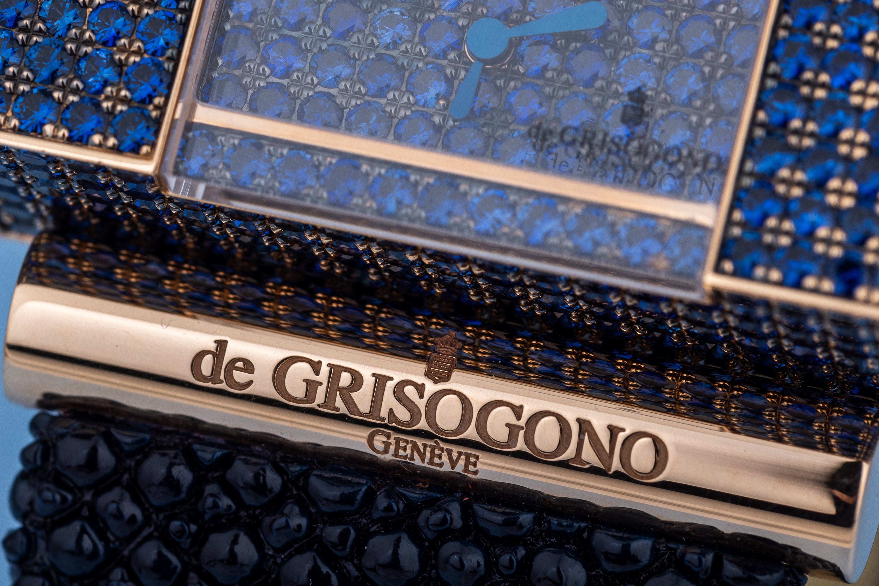De Grisogono 'Lipstick' | Rectangular Cuff Watch | Blue Sapphire Dial & Case | 18k Rose Gold
