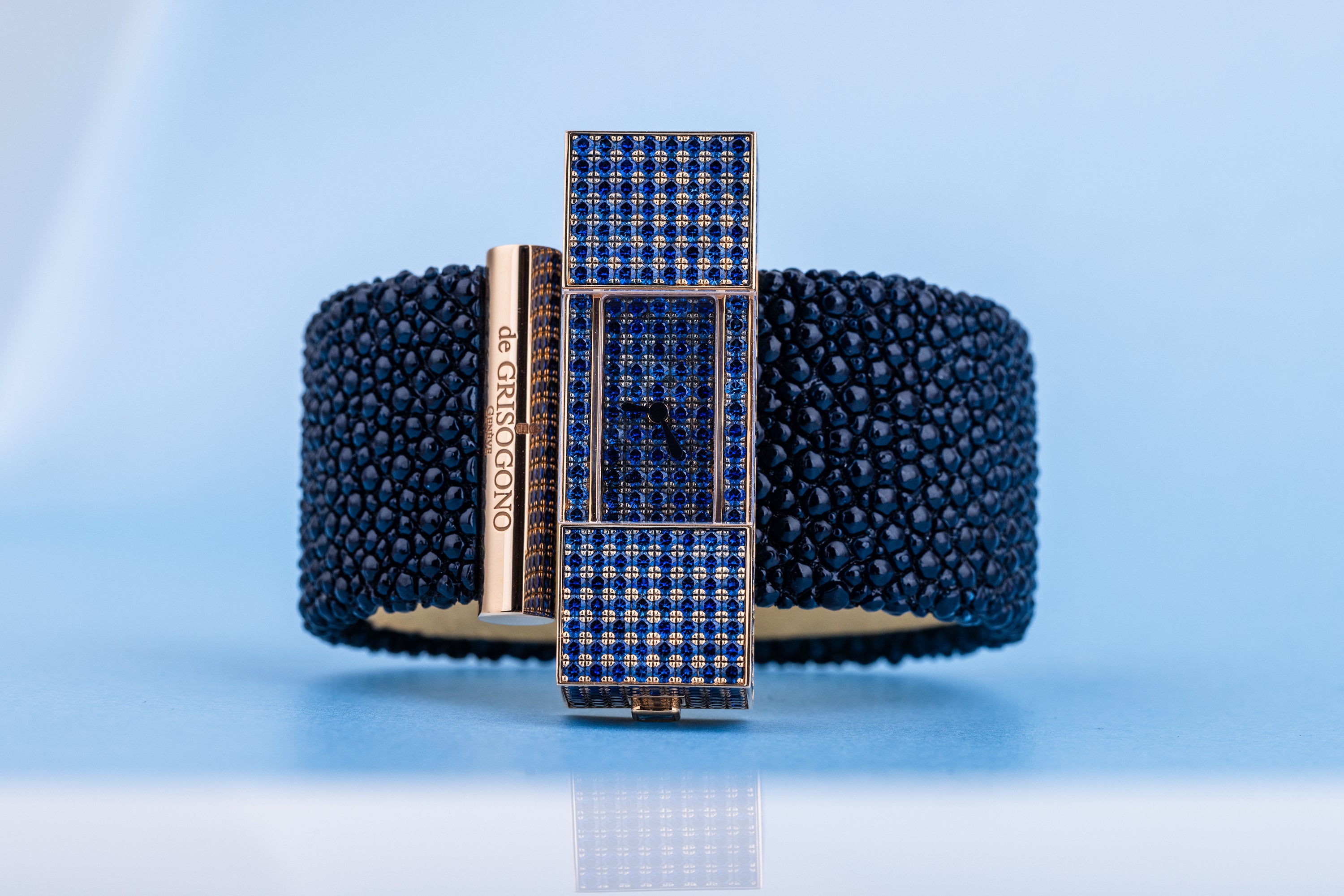 De Grisogono 'Lipstick' | Rectangular Cuff Watch | Blue Sapphire Dial & Case | 18k Rose Gold