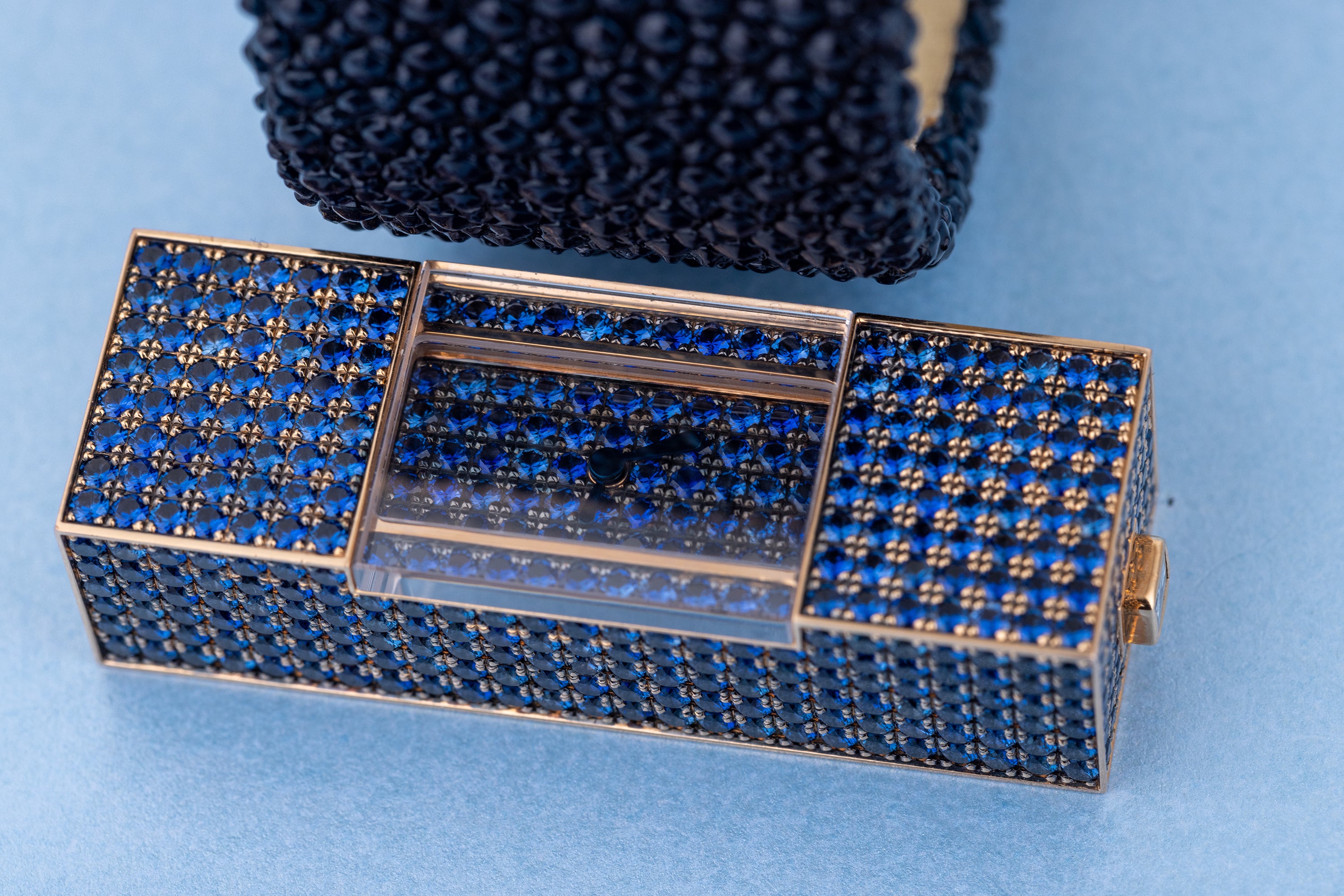 De Grisogono 'Lipstick' | Rectangular Cuff Watch | Blue Sapphire Dial & Case | 18k Rose Gold