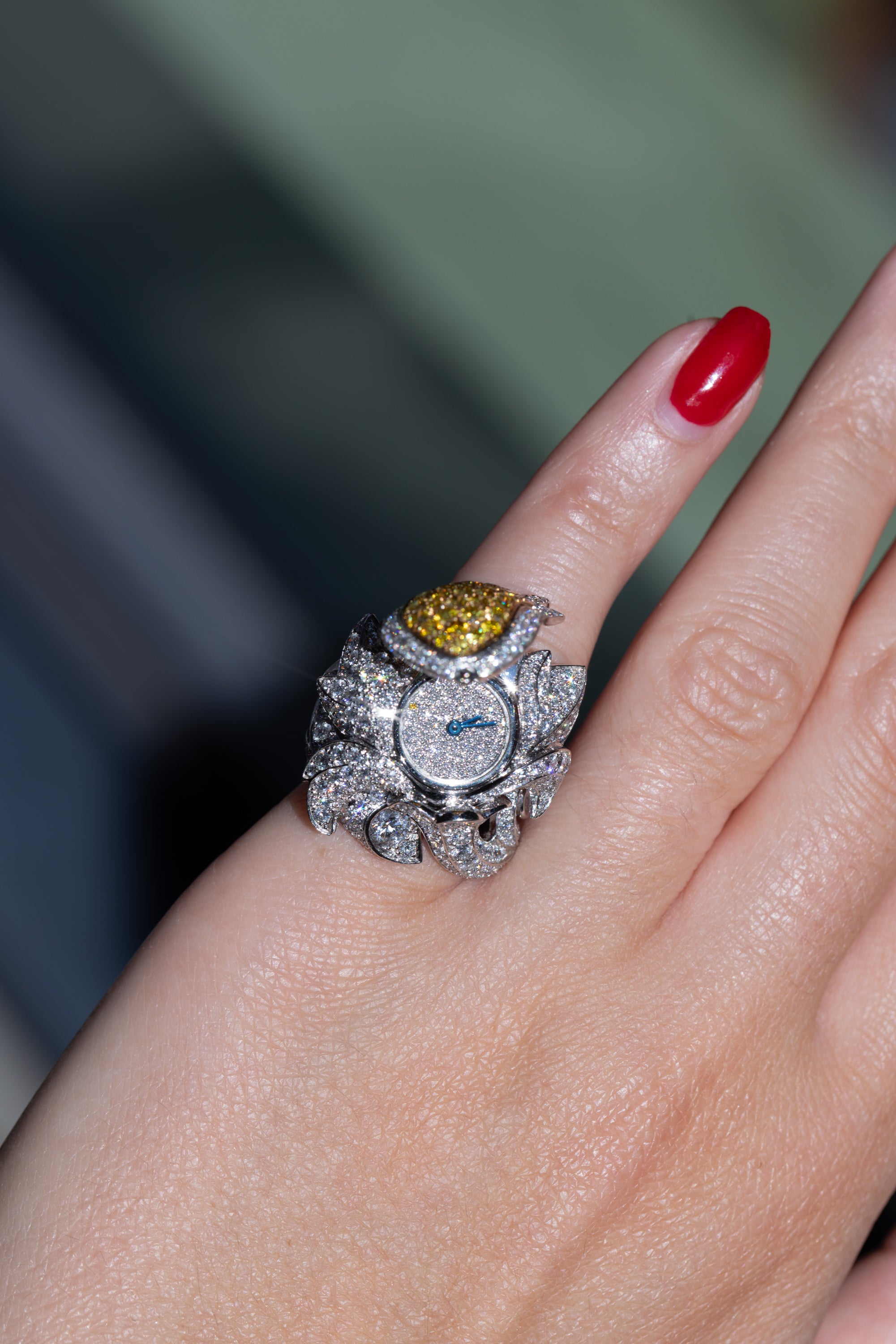 Cartier Platinum Tulip Secret Watch Ring | Pavé Diamonds & Yellow Diamonds | Piece Unique 1 of 1