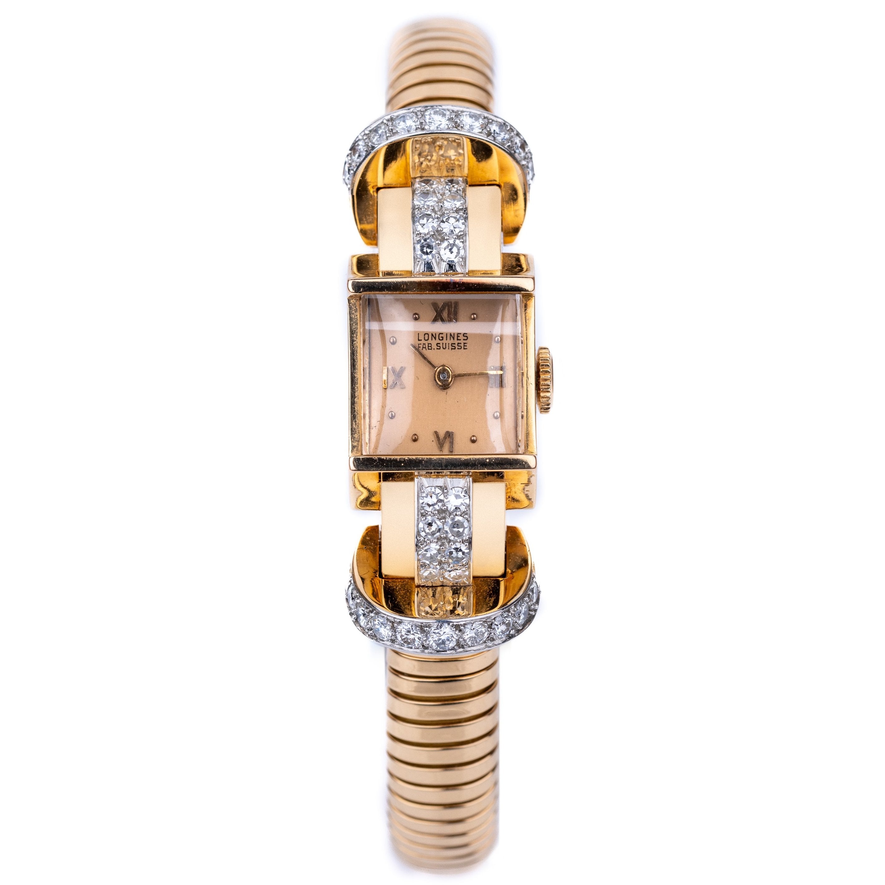 Vintage Longines Watch Circa 1950's | Diamond Shoulders | 18k Yellow Gold | 15mm Wide