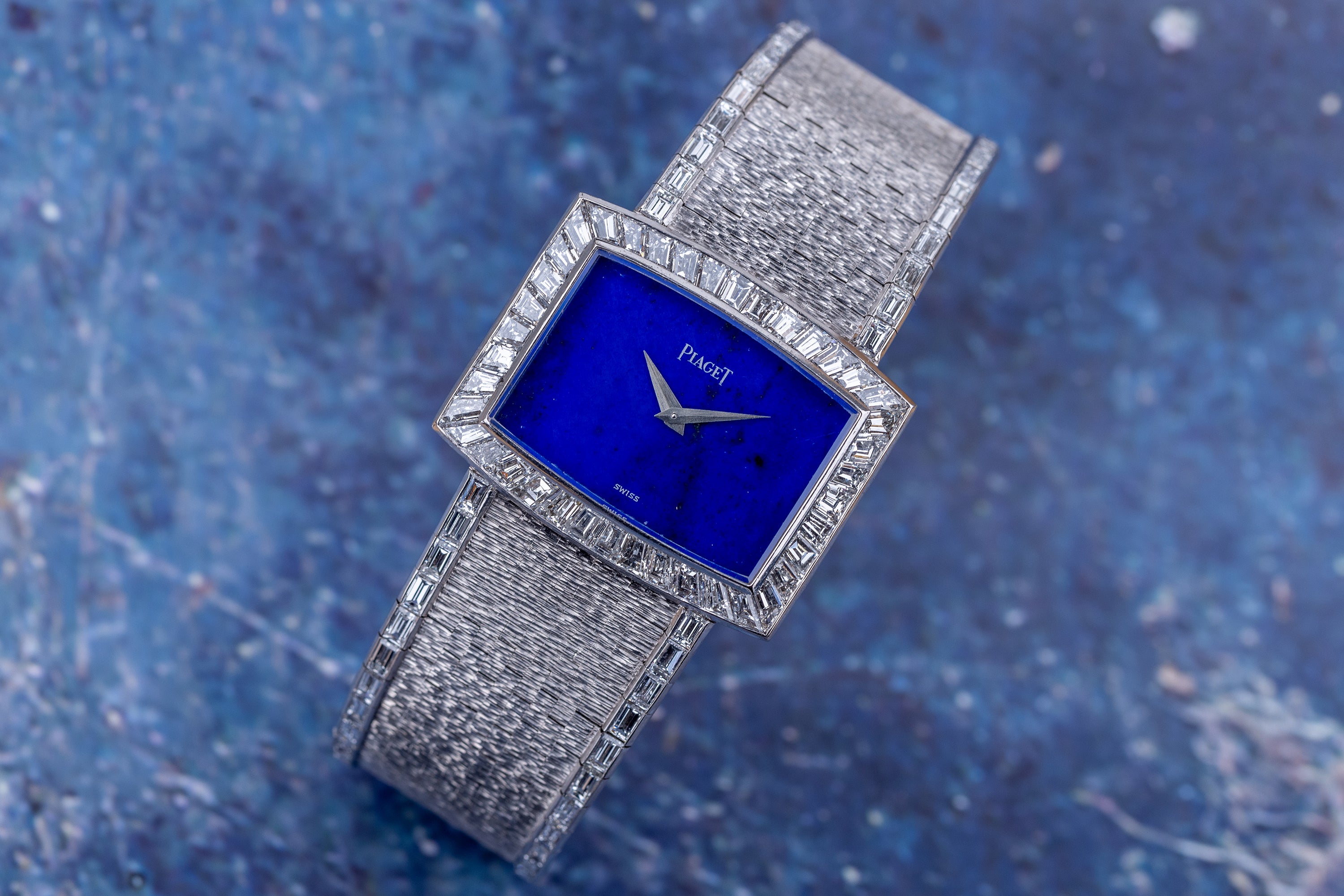 Rare 1970's Piaget | REF. 9665 H 6 | Lapis Lazuli Dial | Baguette Diamond Bezel & Bracelet Lining | 18k White Gold | 31.5mm