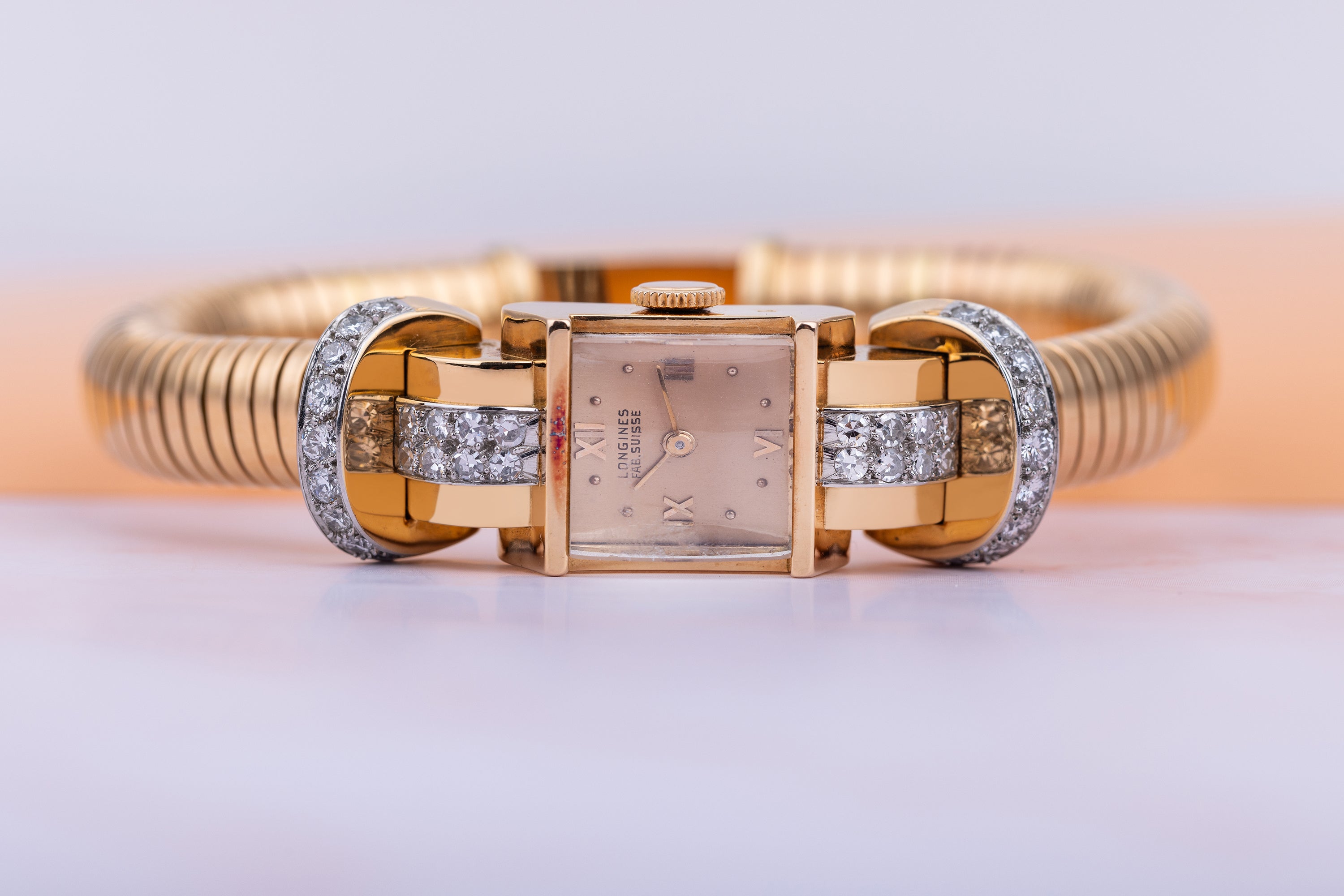 Vintage Longines Watch Circa 1950's | Diamond Shoulders | 18k Yellow Gold | 15mm Wide