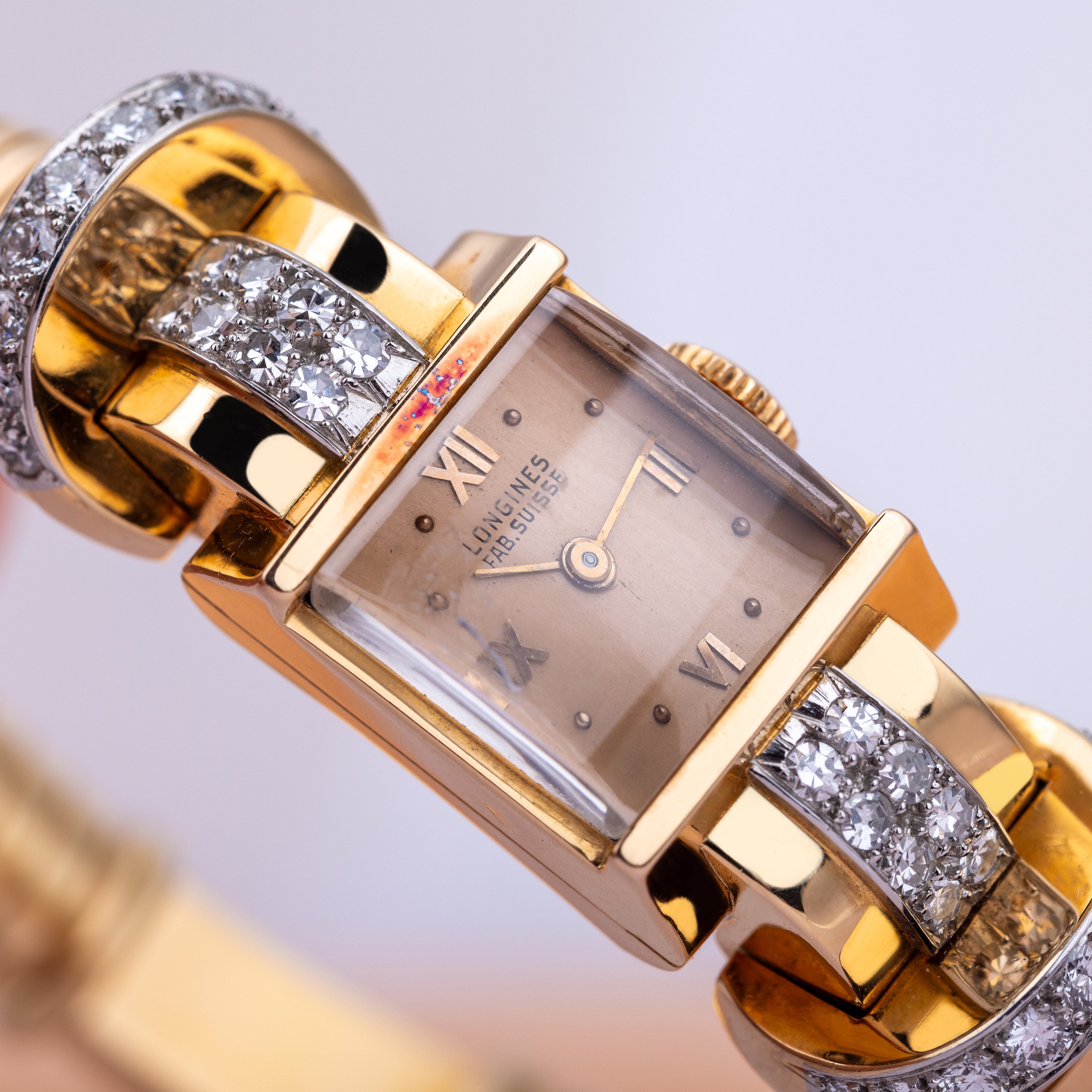 Vintage Longines Watch Circa 1950's | Diamond Shoulders | 18k Yellow Gold | 15mm Wide