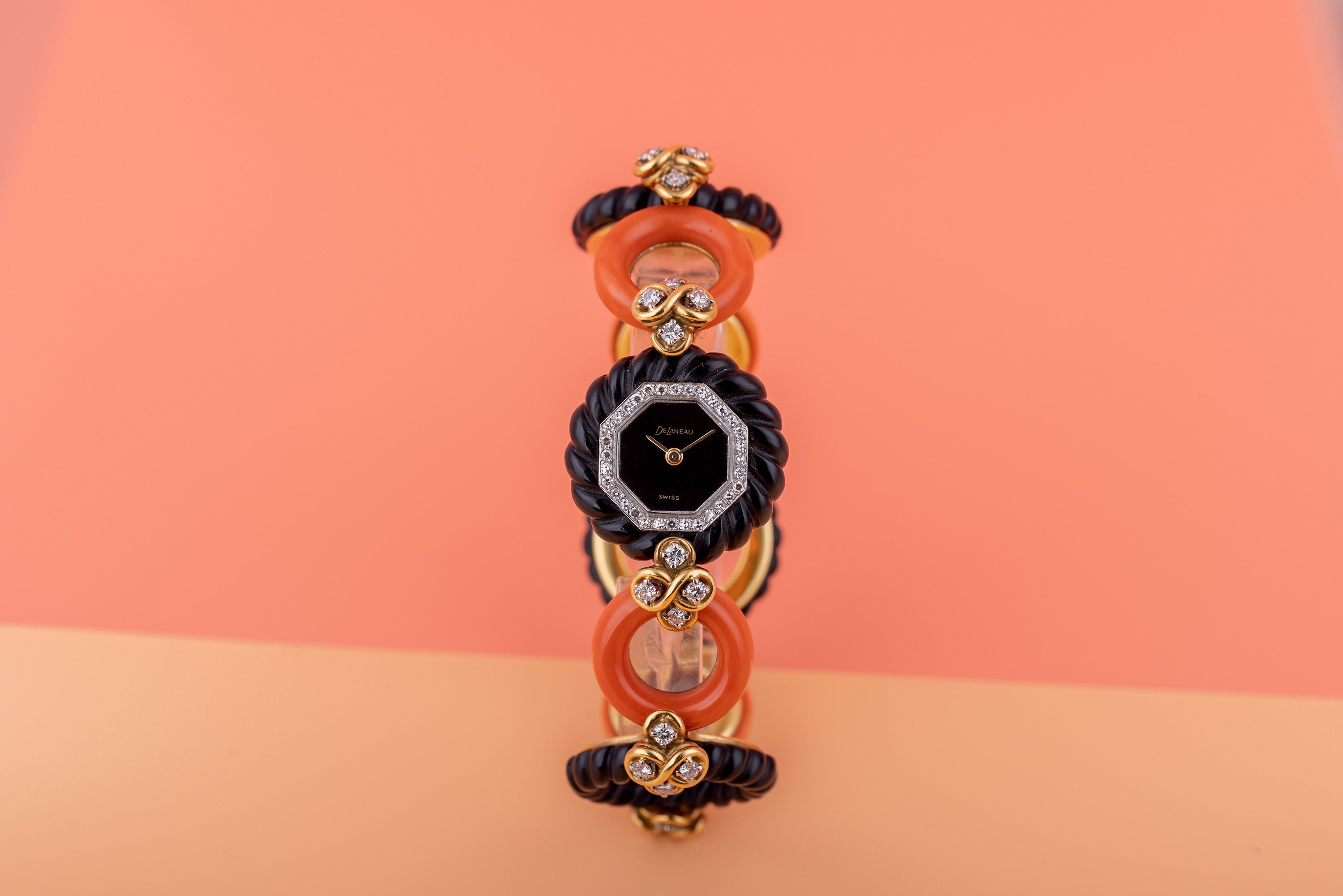DeLaneau Onyx, Coral & 18k Yellow Gold Diamond Ladies Wristwatch | Black Onyx Dial | Circa 1970s
