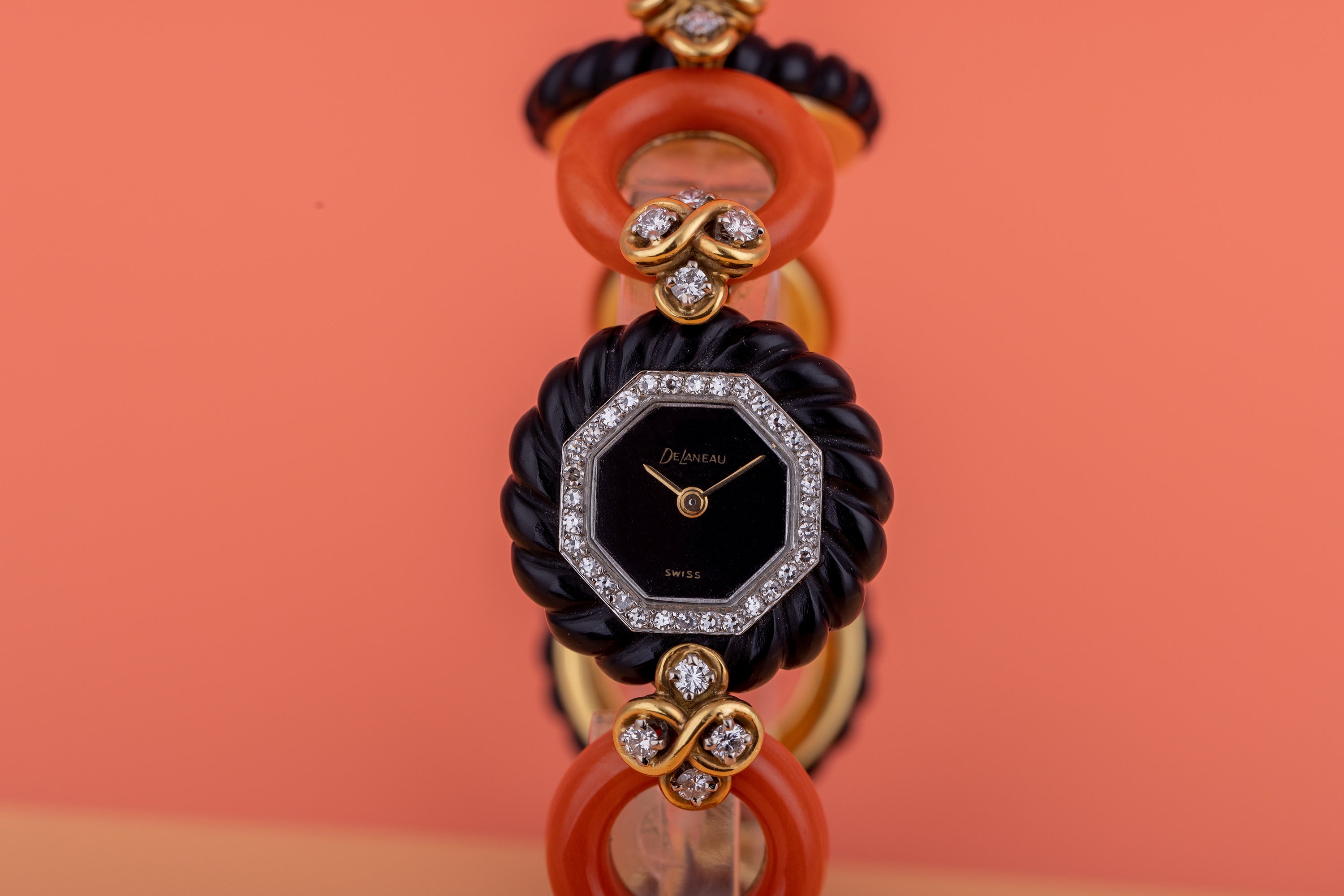 DeLaneau Onyx, Coral & 18k Yellow Gold Diamond Ladies Wristwatch | Black Onyx Dial | Circa 1970s