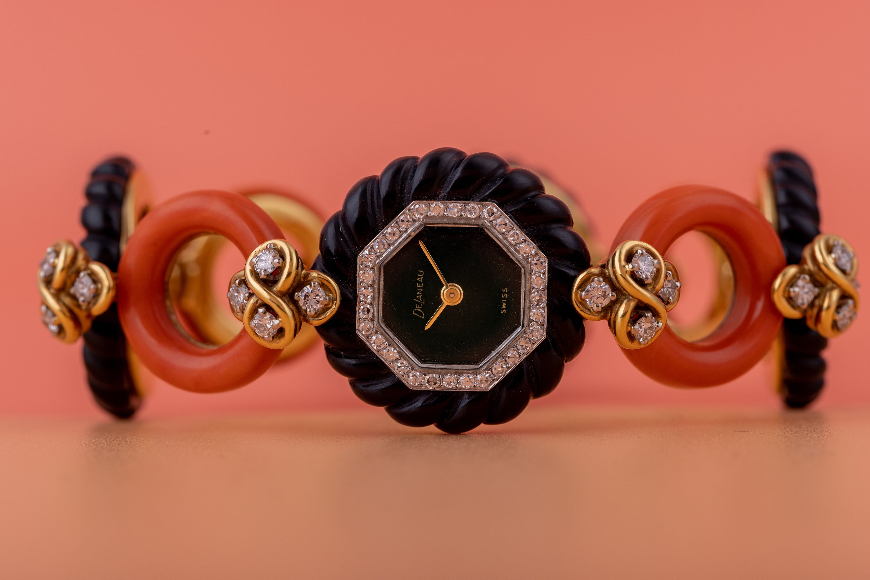 DeLaneau Onyx, Coral & 18k Yellow Gold Diamond Ladies Wristwatch | Black Onyx Dial | Circa 1970s