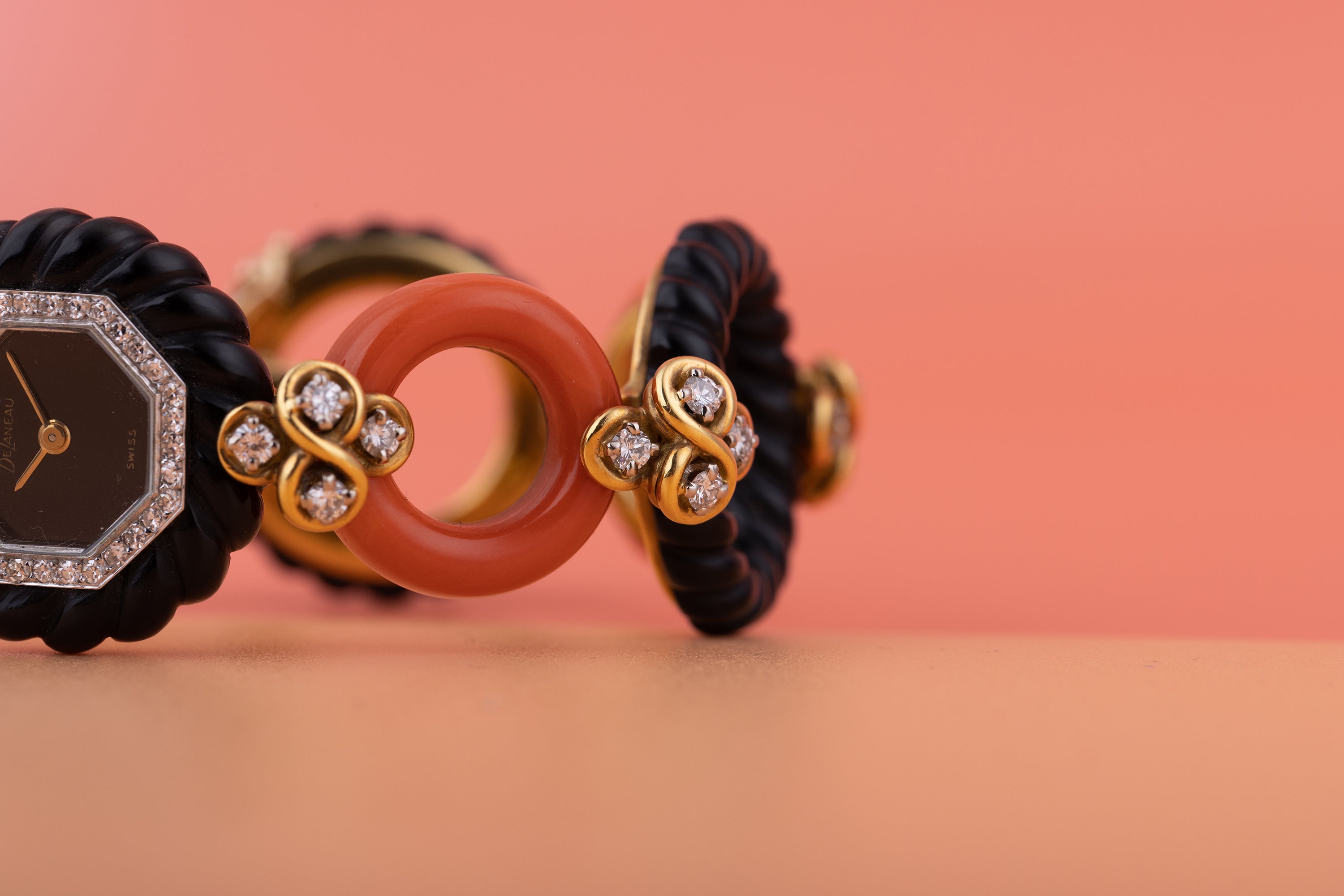 DeLaneau Onyx, Coral & 18k Yellow Gold Diamond Ladies Wristwatch | Black Onyx Dial | Circa 1970s
