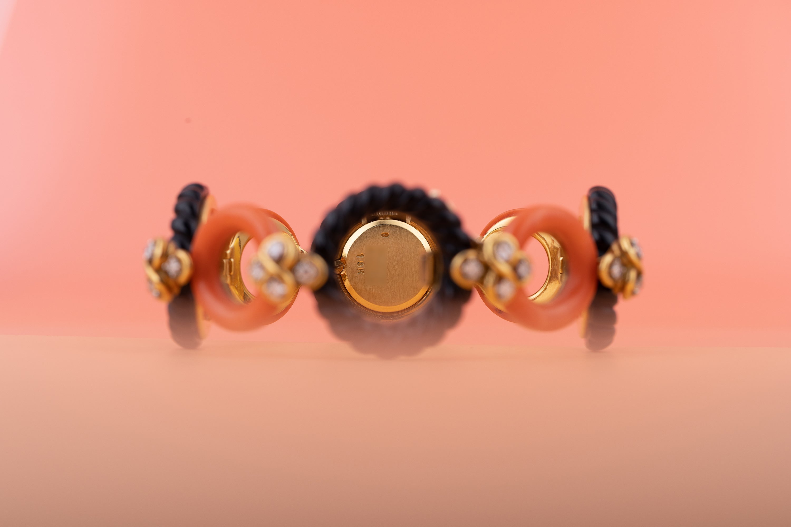 DeLaneau Onyx, Coral & 18k Yellow Gold Diamond Ladies Wristwatch | Black Onyx Dial | Circa 1970s