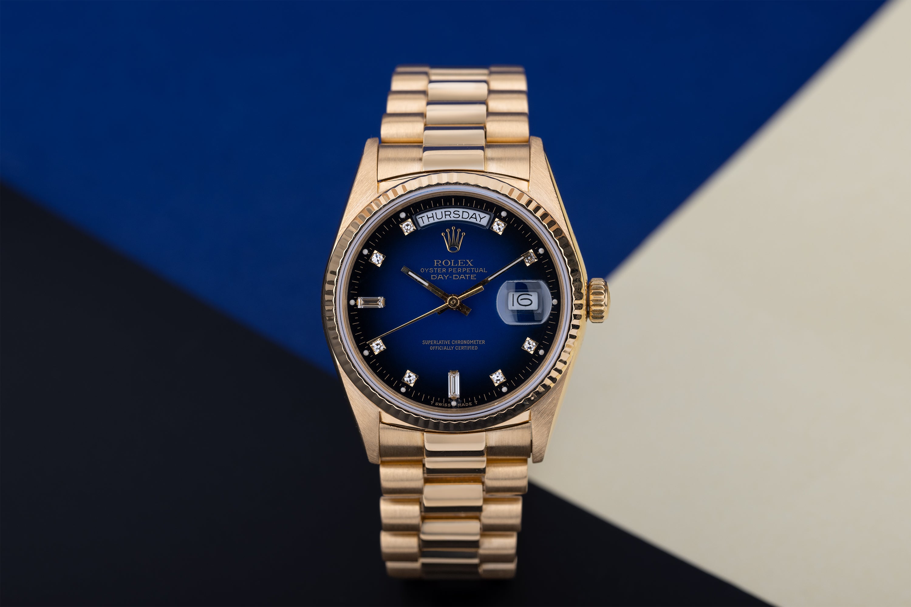 Rolex Day-Date | REF. 18238 | Blue Degrade Diamond Dial | Box & Papers | 18k Yellow Gold