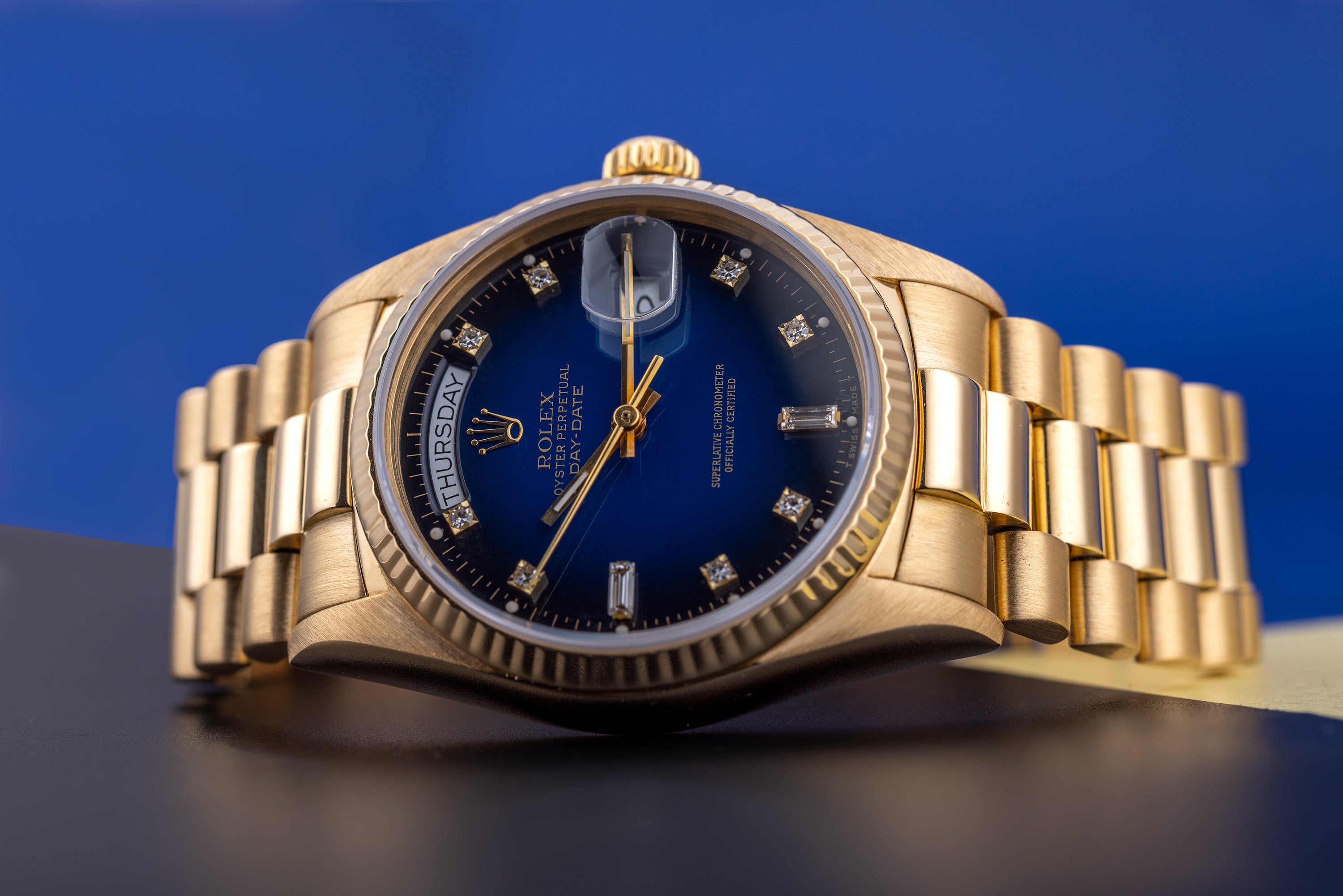 Rolex Day-Date | REF. 18238 | Blue Degrade Diamond Dial | Box & Papers | 18k Yellow Gold