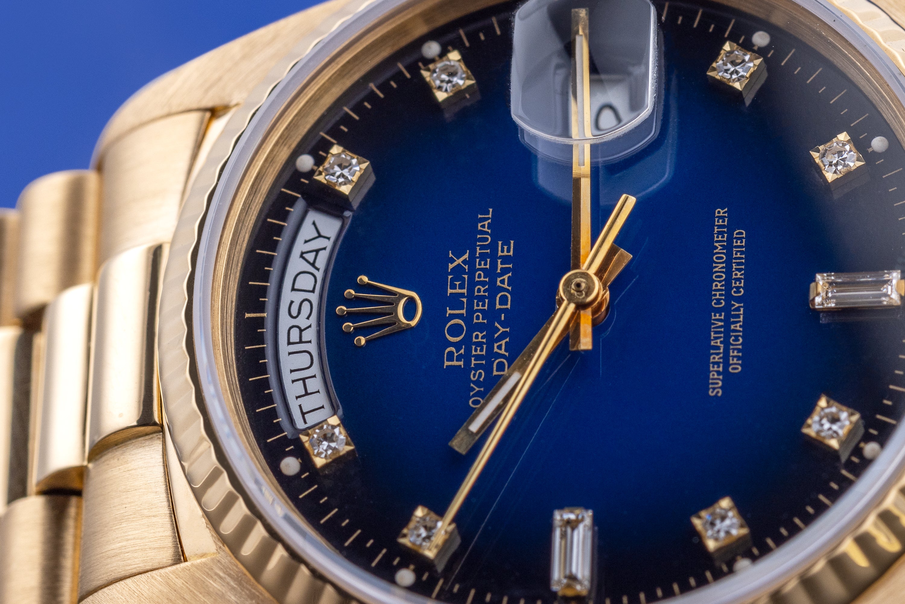Rolex Day-Date | REF. 18238 | Blue Degrade Diamond Dial | Box & Papers | 18k Yellow Gold