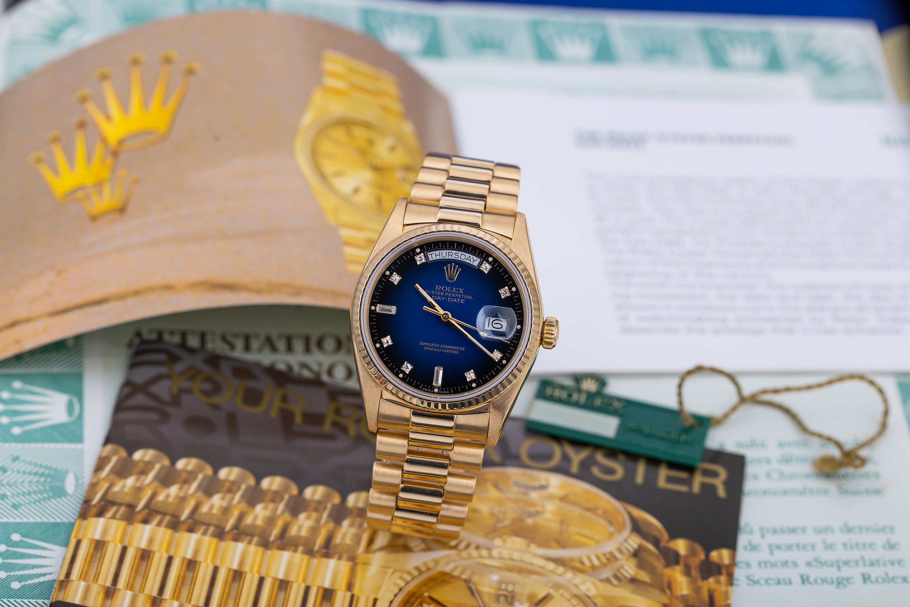 Rolex Day-Date | REF. 18238 | Blue Degrade Diamond Dial | Box & Papers | 18k Yellow Gold