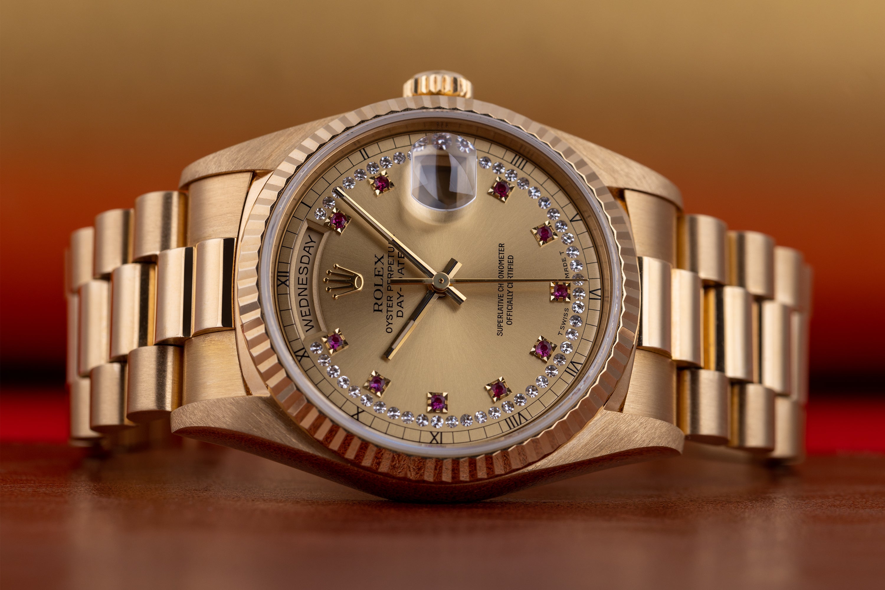 Rolex Day-Date | REF. 18238 | Champagne Diamond & Ruby String Dial | 18k Yellow Gold