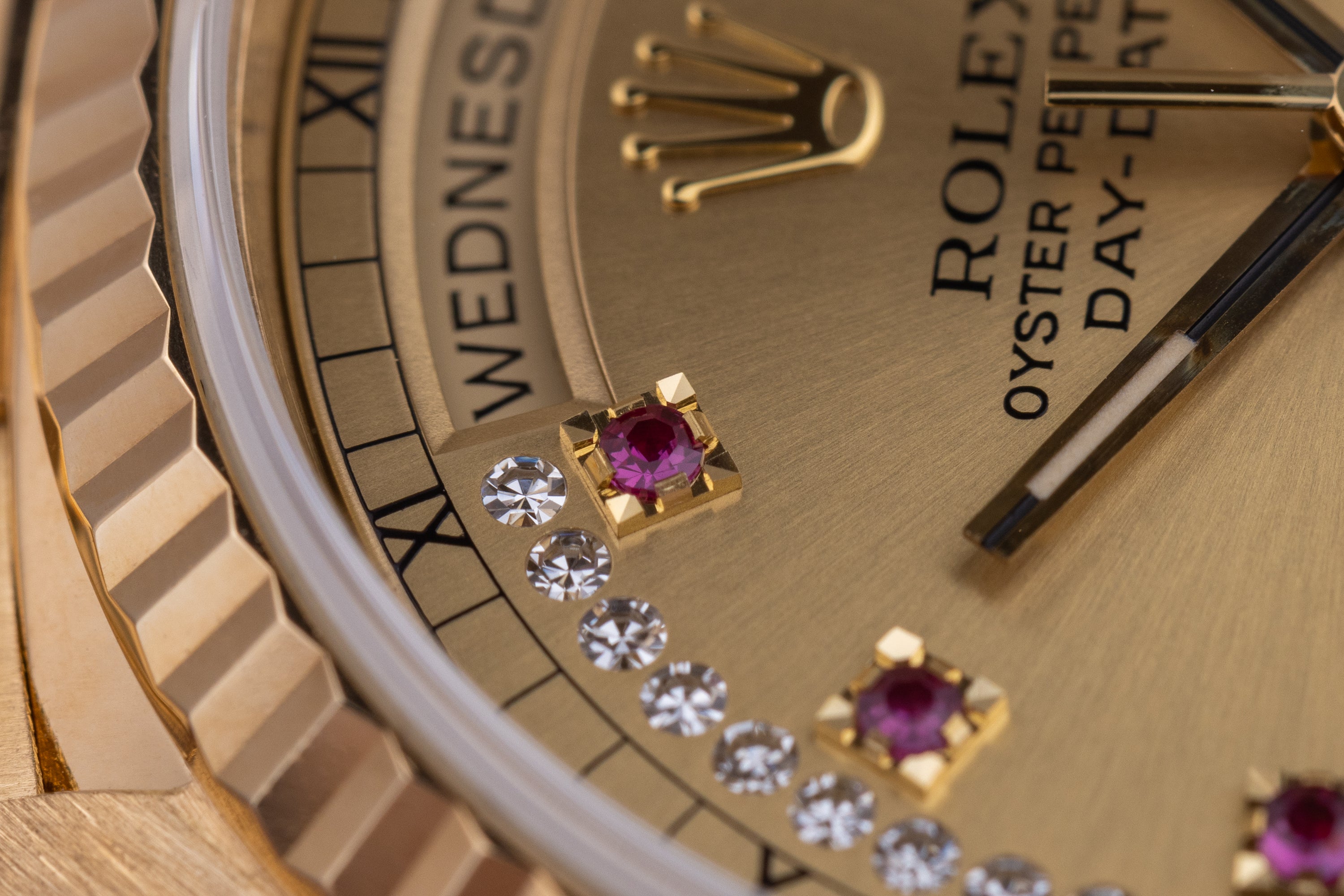 Rolex Day-Date | REF. 18238 | Champagne Diamond & Ruby String Dial | 18k Yellow Gold