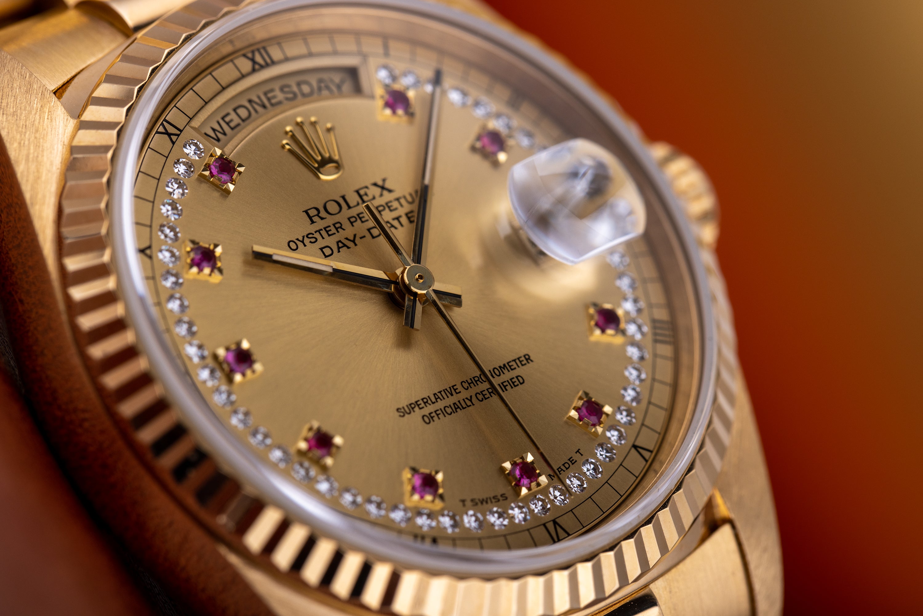 Rolex Day-Date | REF. 18238 | Champagne Diamond & Ruby String Dial | 18k Yellow Gold