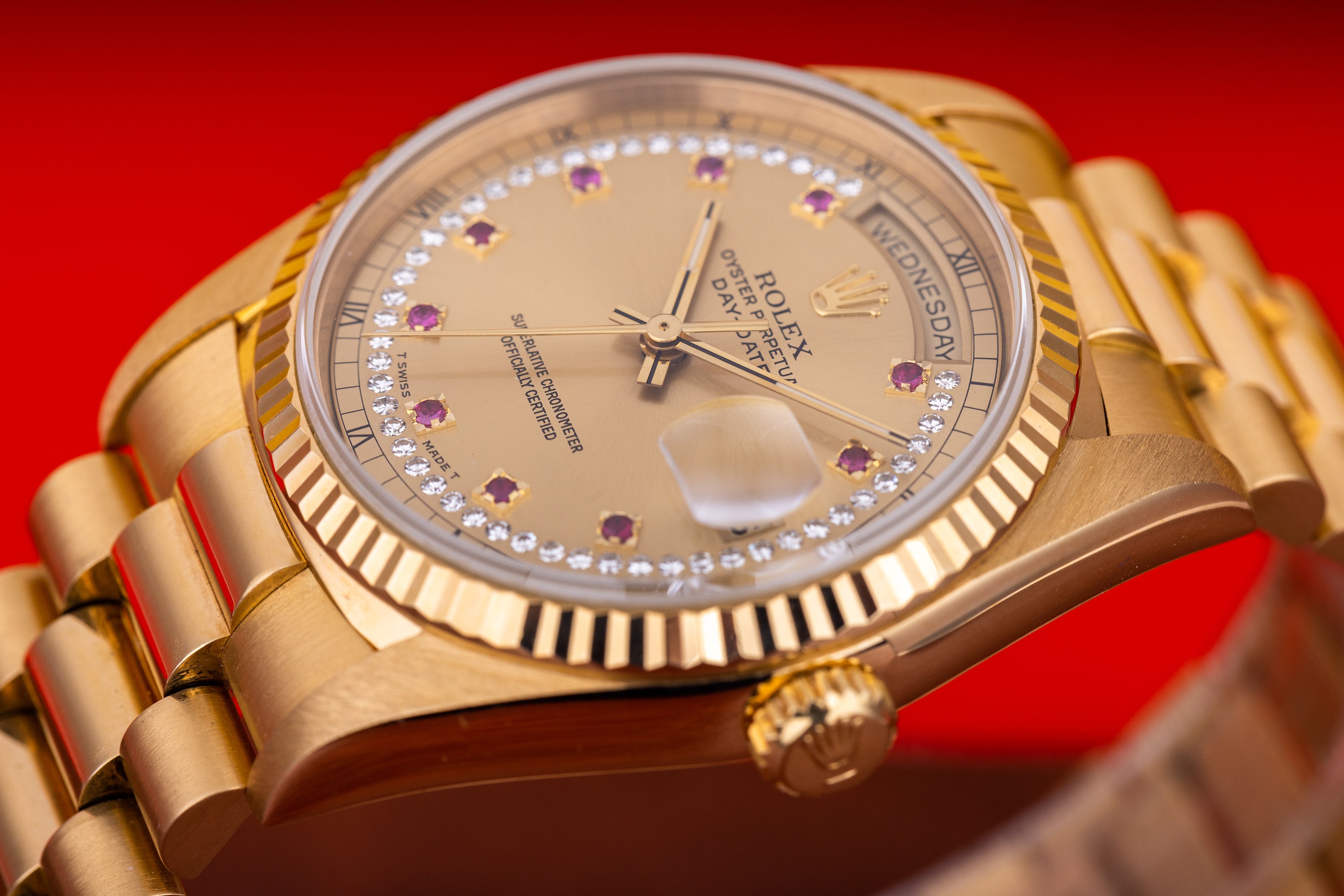 Rolex Day-Date | REF. 18238 | Champagne Diamond & Ruby String Dial | 18k Yellow Gold