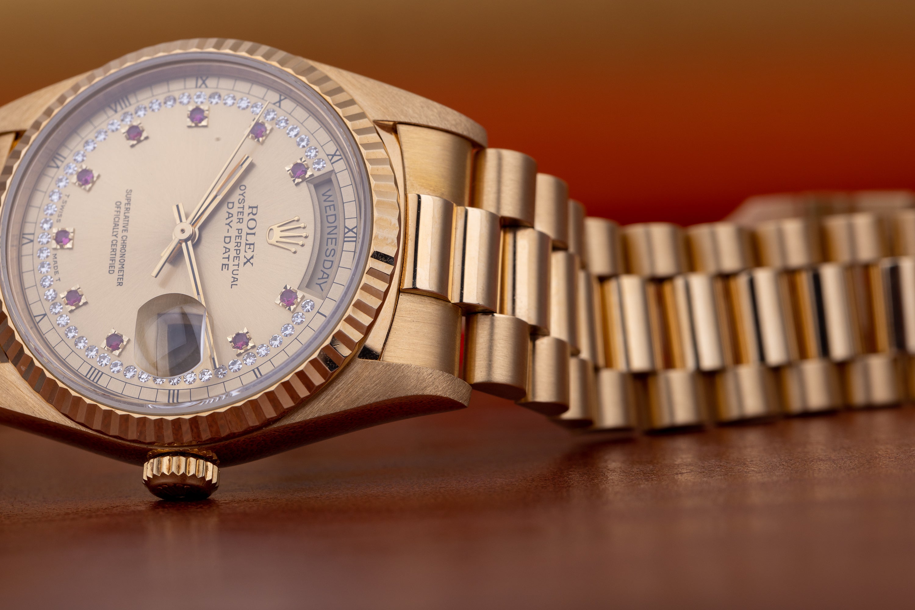 Rolex Day-Date | REF. 18238 | Champagne Diamond & Ruby String Dial | 18k Yellow Gold