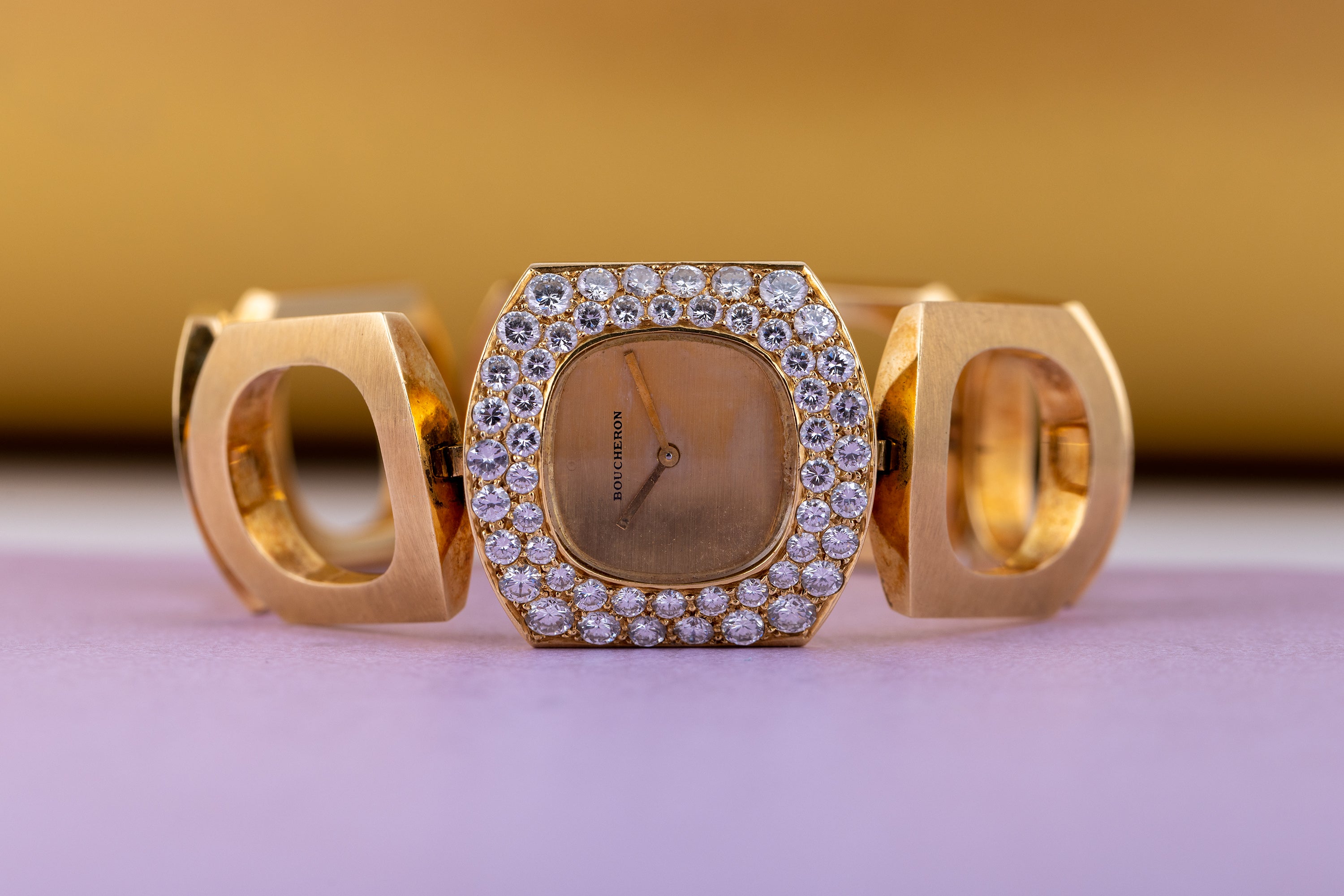 Boucheron Vintage Lady's Wristwatch | Circa 1970s | Champagne Dial | Double Row Diamond Bezel | 18k Yellow Gold