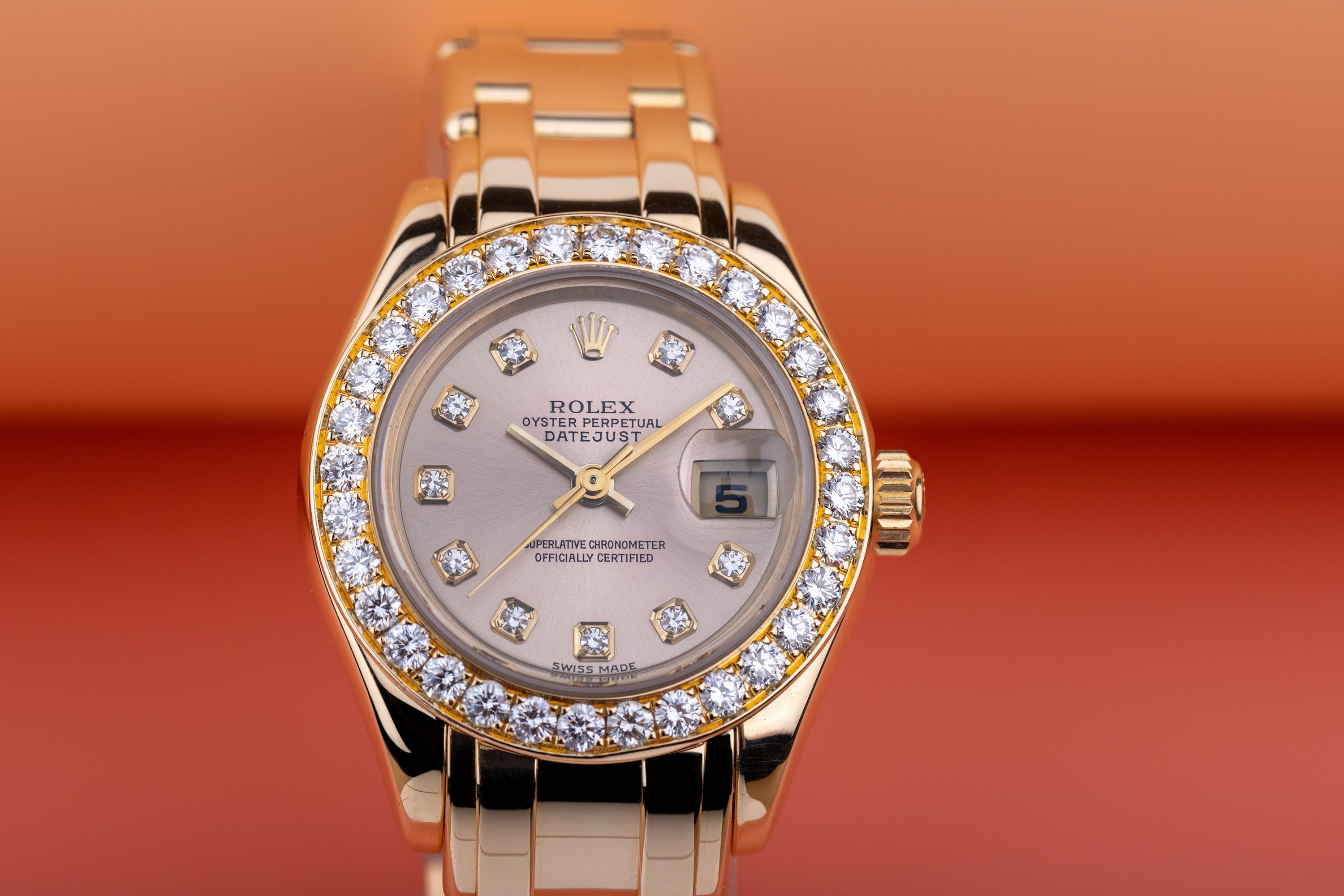 Rolex Lady DateJust Pearlmaster | REF. 80298 | Rose Champagne Dial | Diamond Hours & Bezel | Box & Papers | 18k Yellow Gold